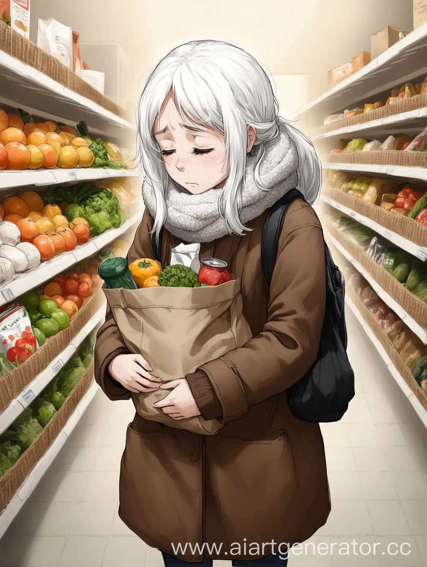 Девушка с белыми волосами и теплой одеждой очень грустная с сумкой и продуктами 