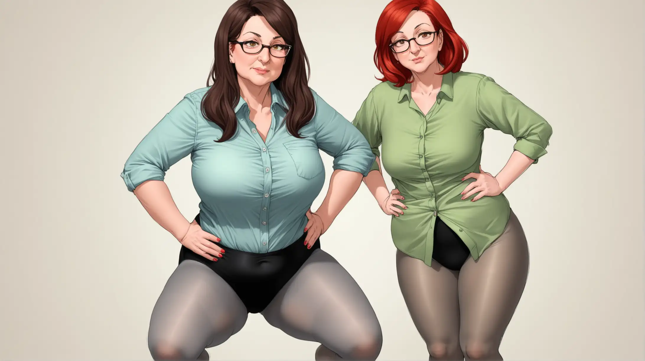 Mature, Curvy, Dark Haired Woman, wearing a Black Leotard, Gray Pantyhose, Hands on Hips, Squatting with her teen step daughter, Step Daughter has Red Hair, Glasses, wears a light Green untucked Button Down Shirt, Gray Pantyhose.