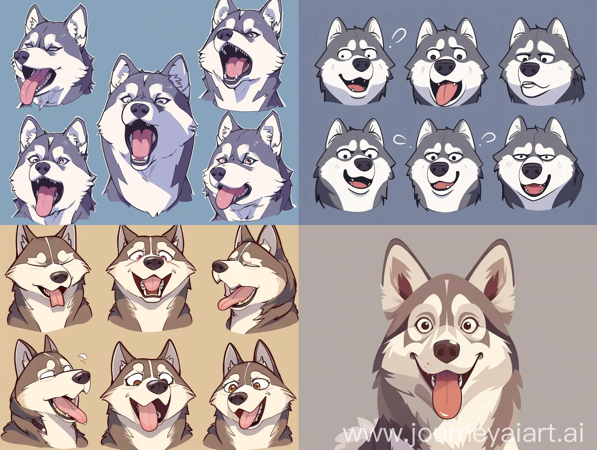 Create a husky with square head and 6 emotions --ar 4:3
