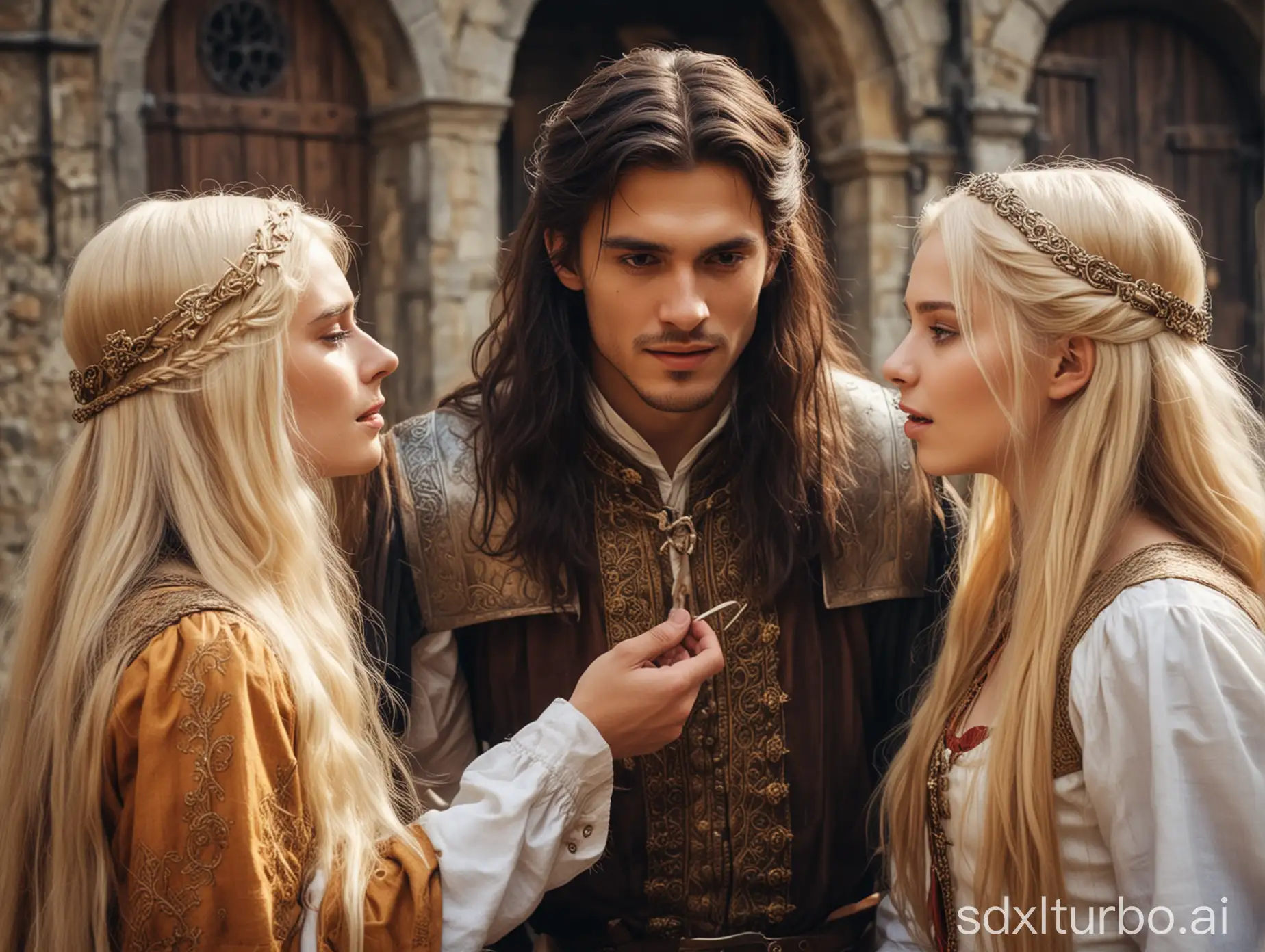 The long-haired guy communicates something to his friends - a guy with dark hair below his ears, a long-haired blonde and a girl with long russet hair . All dressed in medieval fantasy style.