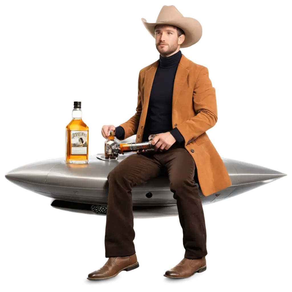 cowboy holding whisky bottle while riding a UFO