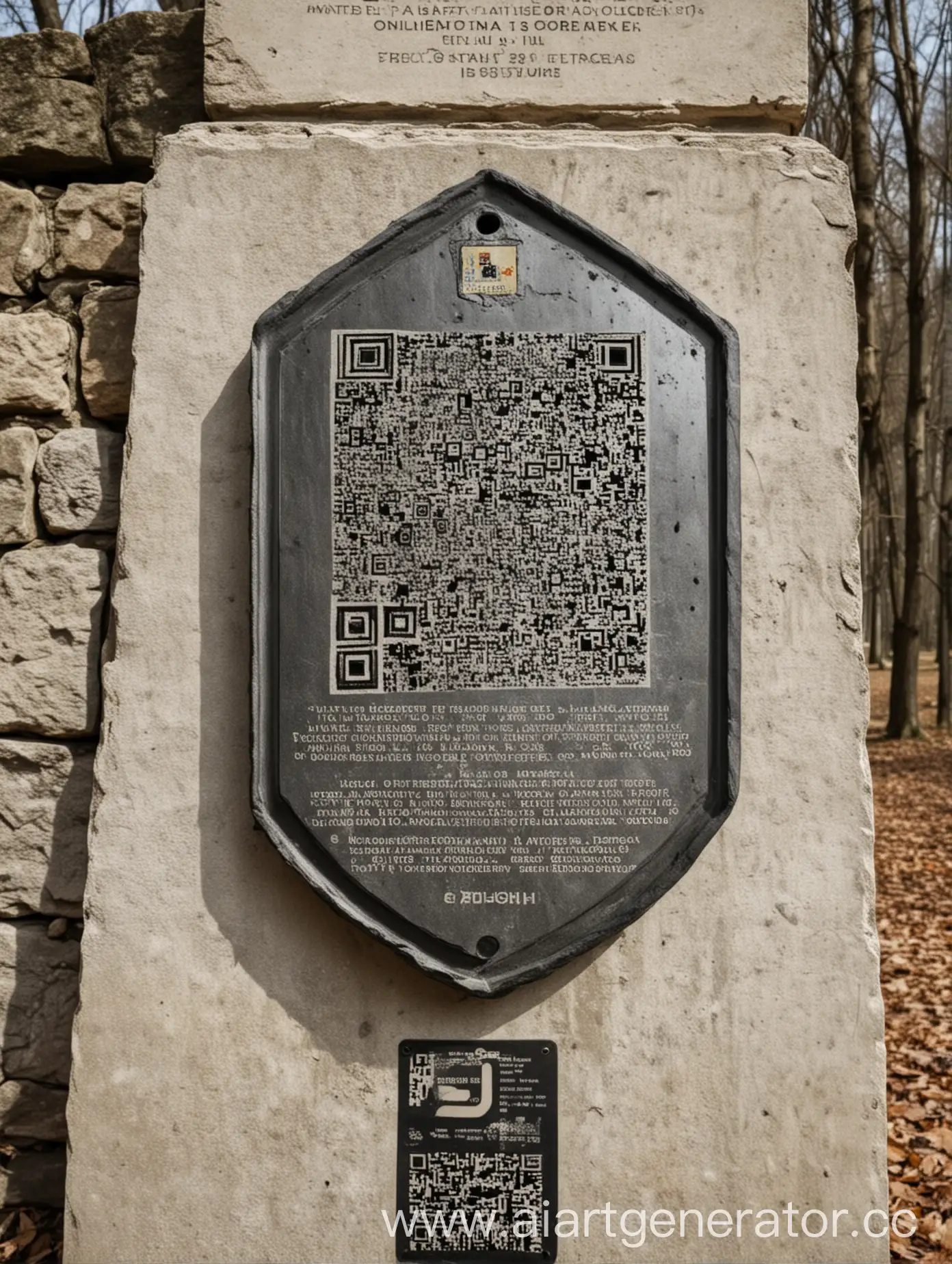 возле старого памятника стоит информационный бейджик с описанием памятника и qr-кодом