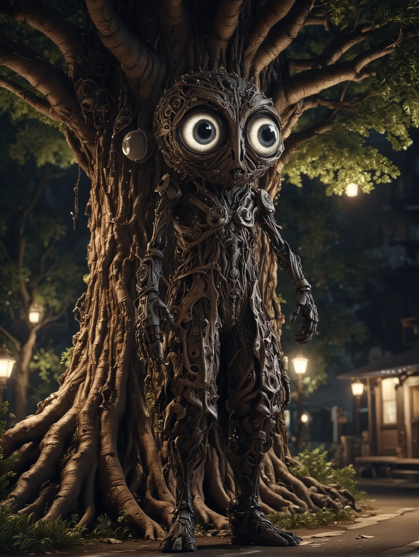 xenobaroque character standing on the roadside, night light, big tree, Eyes on the view, featuring intricate details, organic and mechanical elements, cinematic lighting, hyper realistic, high definition, high contrast, high resolution, intricate detail, 12k