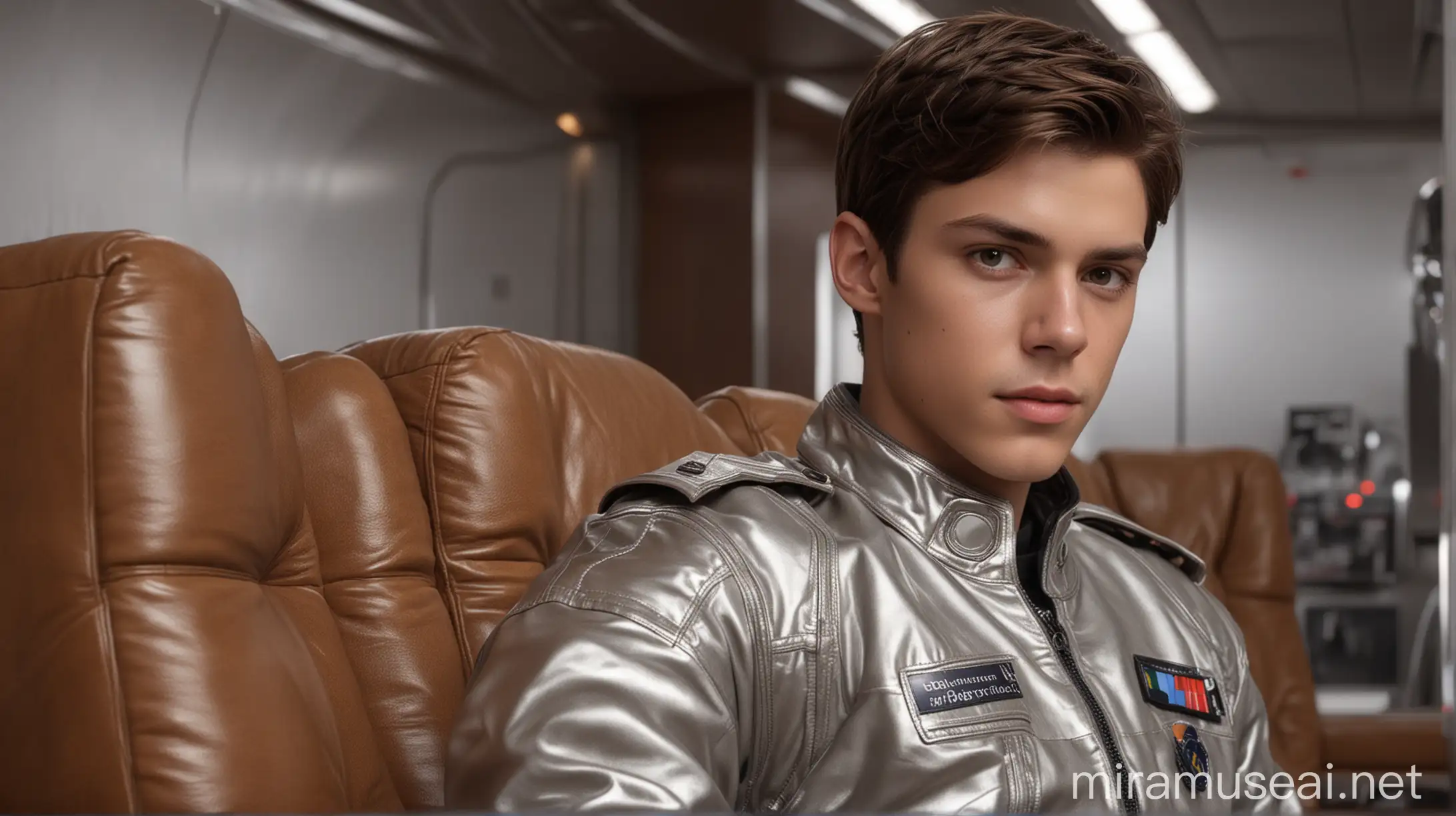 Three Young Men in Metallic Jackets on SciFi Starship Command Compartment