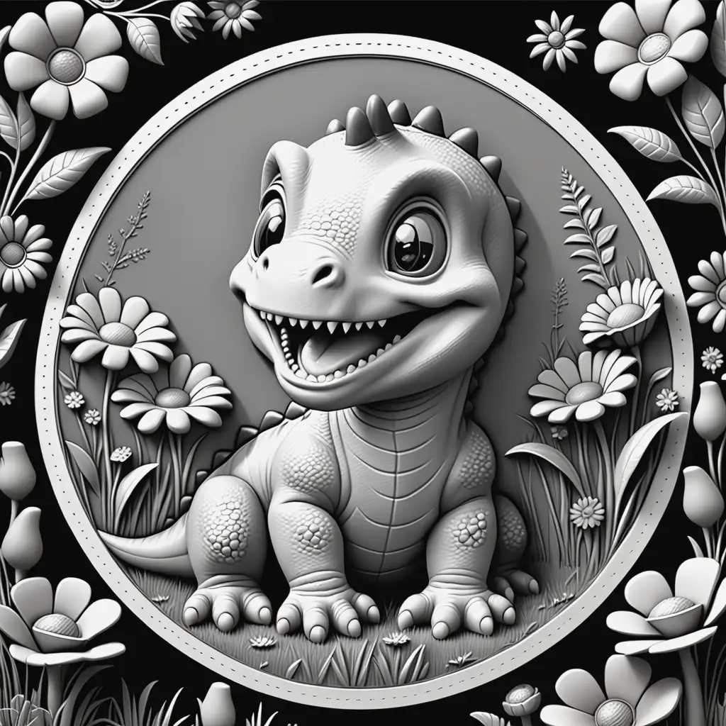create a bas relief image of a baby dinosaur smiling sitting in a meadow with a round border decorated with flowers
 3 d effect grayscale,  laser engraving