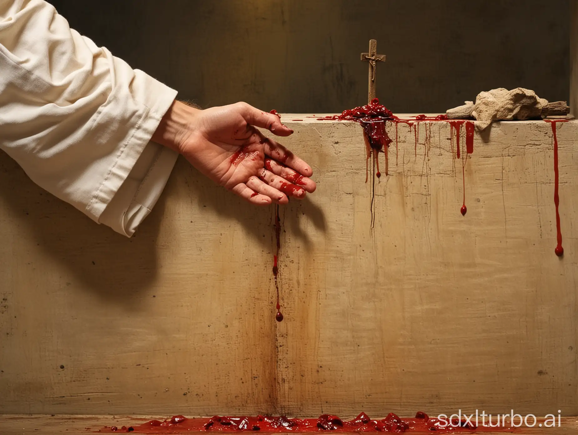 They nailed the hand of Jesus on a nail and the blood was pouring out