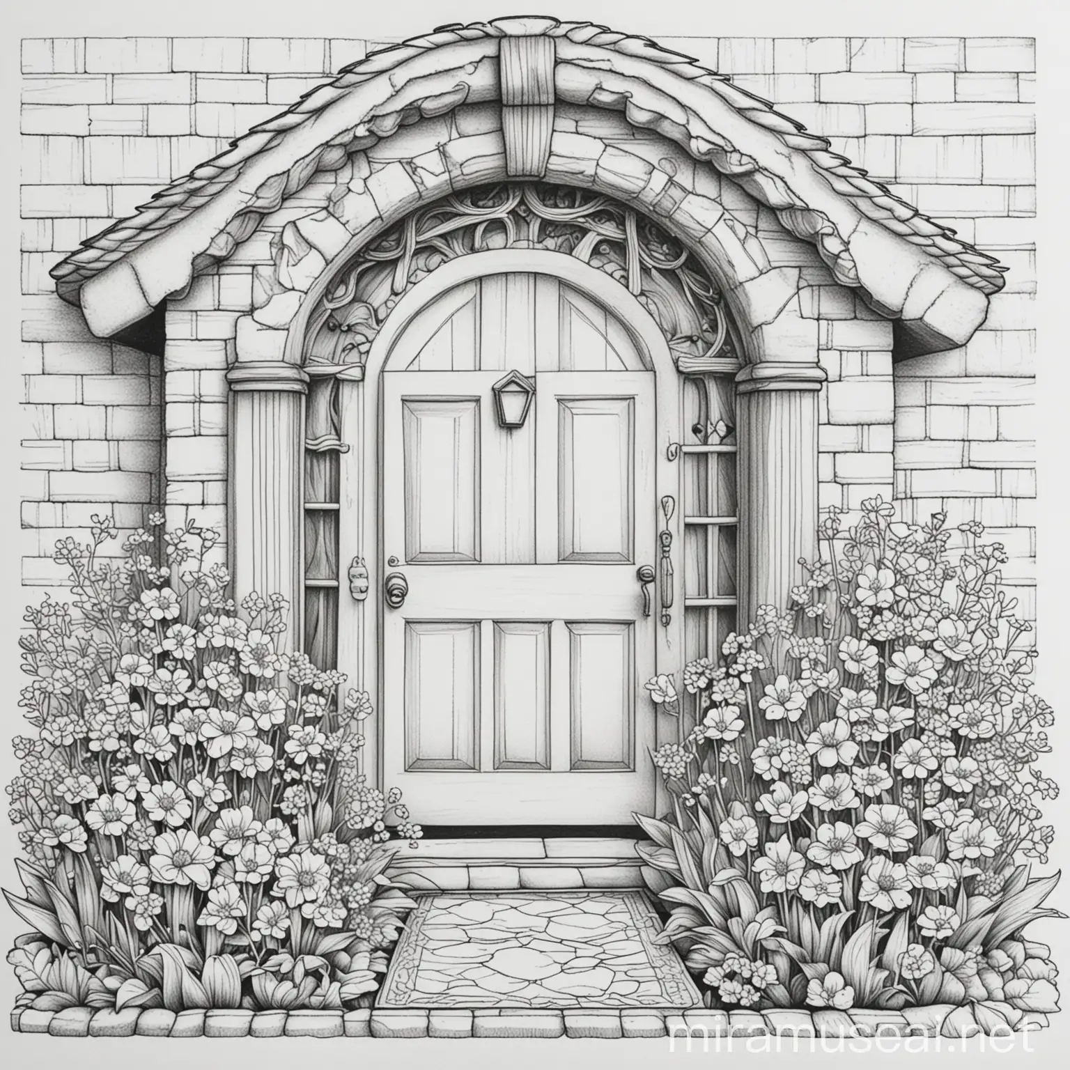 coloring book page with a simple design and clear lines. it should show a door of a cute and cosy cottage. left to it, a window. flowers and a welcome mat.