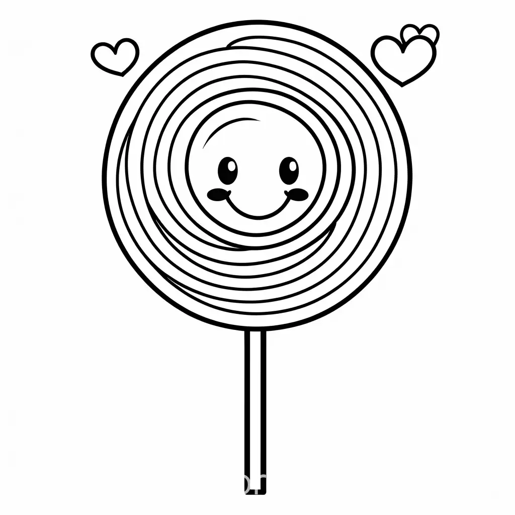 Happy Lollipop**: A lollipop with a happy face, with a swirl pattern. The lollipop should have a little bow on the stick and a few small hearts around.
, Coloring Page, black and white, line art, white background, Simplicity, Ample White Space. The background of the coloring page is plain white to make it easy for young children to color within the lines. The outlines of all the subjects are easy to distinguish, making it simple for kids to color without too much difficulty