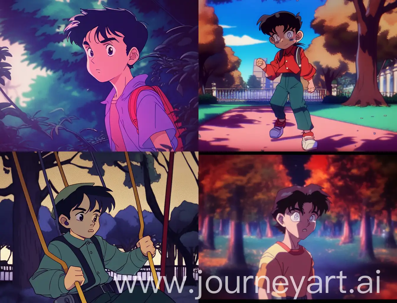 an illustration in 90s western cartoon animation of a boy in creepy park, anime, cartoon, 90s