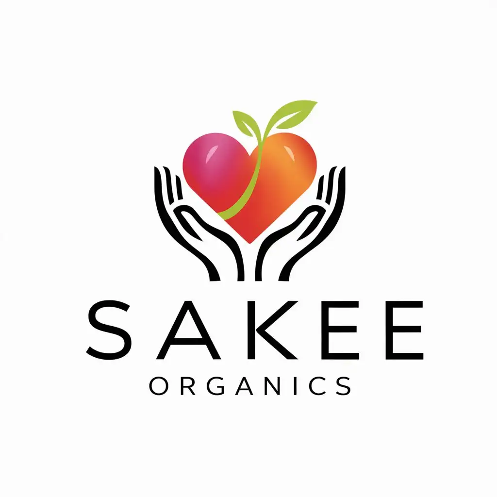 a logo design,with the text "sakee organics", main symbol:hands+heart+plant,Minimalistic,clear background