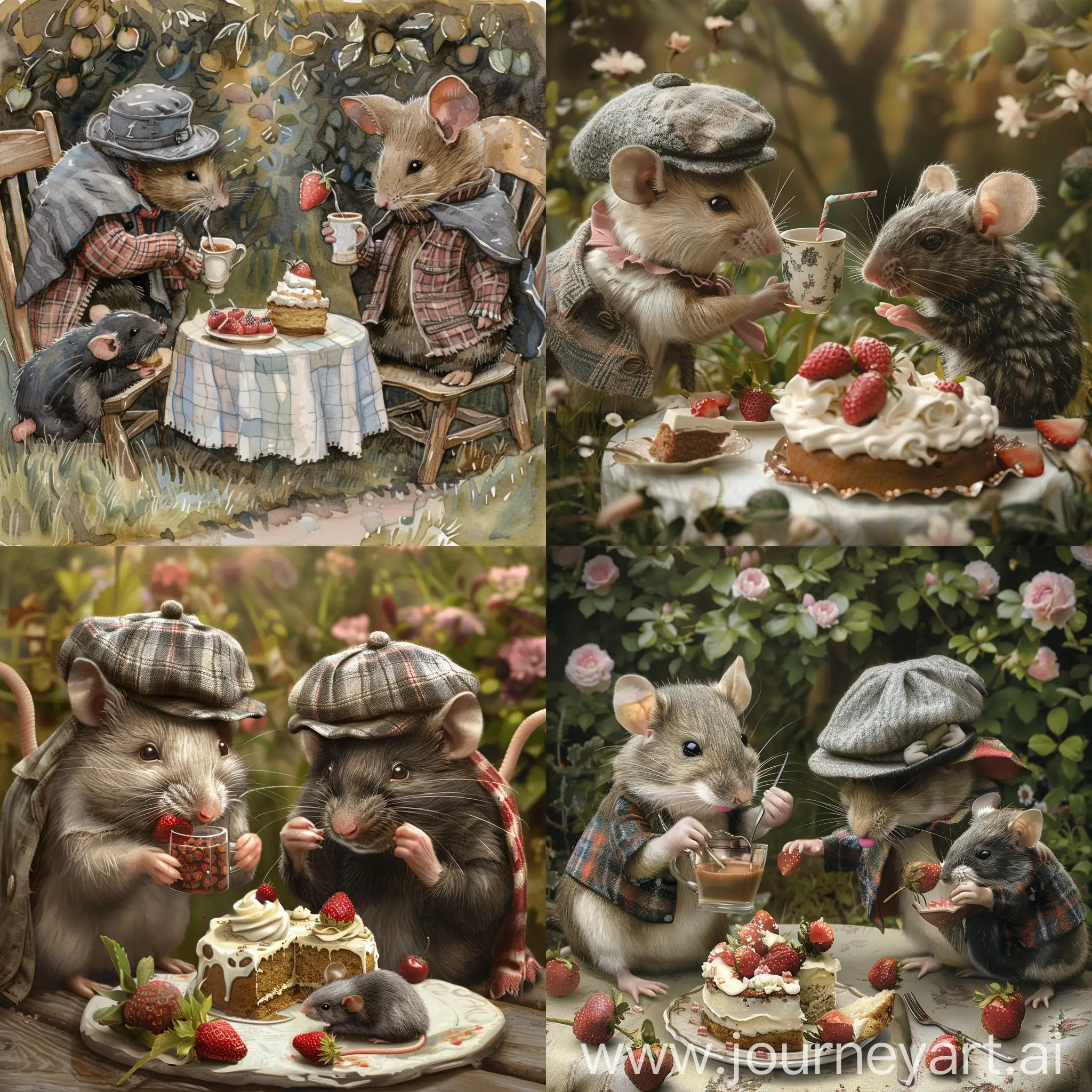 Piglet in gray tweed cap drinking cacao and eating cake with whipped cream and strawberries, in the company with cute baby girl rat and baby boy mole with black fur, in idyllic garden, in the style of Beatrix Potter 