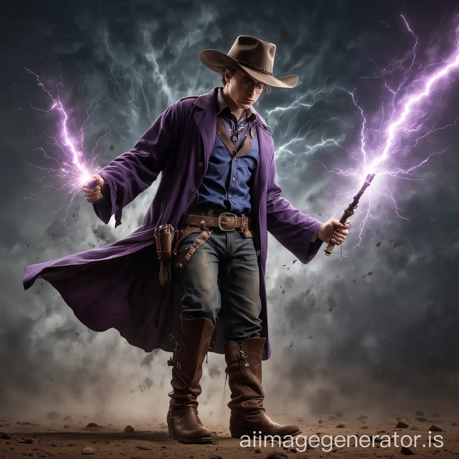 A realistically looking American Texan version of Harry Potter in a cowboy hat and boots with spurs holding a magic wand-revolver, which is shooting a blue and purple bolt of lightning out of the barrel.