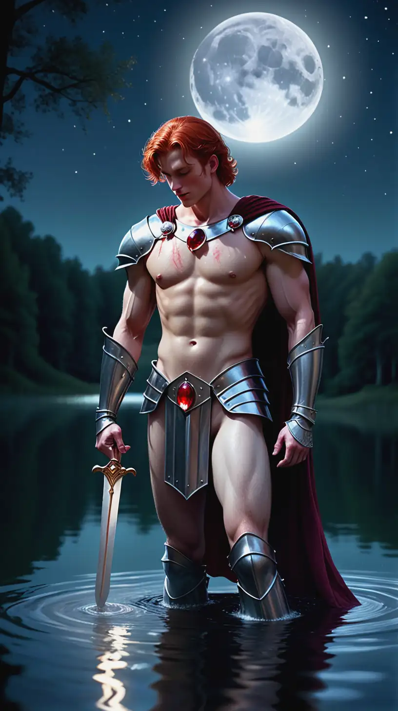 In the serene, moonlit setting of a quiet lake, a handsome redheaded male magic knight from the 1950s stands, glistening with sweat as his chiseled, hairy muscles bathe under the full moon. The knight is shirtless, his powerful physique partially adorned with ruby silver gauntlets and leg armor, while a rosy red cape flows gracefully behind him.He stands in the water, which reflects the soft, ethereal glow of the moonlight, creating an almost otherworldly ambiance. Rose petals gently swirl around him, carried by a subtle magical energy that emanates from his presence. His short red hair is damp, adding to his rugged, enchanting appearance.As he washes himself with the lake's water, mingled with magic, the moonlight highlights every defined contour of his body, emphasizing both his strength and mystical aura. The tranquil atmosphere is enhanced by the delicate play of light and shadow on his skin, creating a captivating scene that blends the raw power of a knight with the serene beauty of nature.The surrounding landscape is peaceful, with the calm lake bordered by dark, whispering trees and a clear, starry sky above. This magical moment captures the knight in a rare moment of solitude and reflection, showcasing both his formidable physical presence and the enchanting world he inhabits.