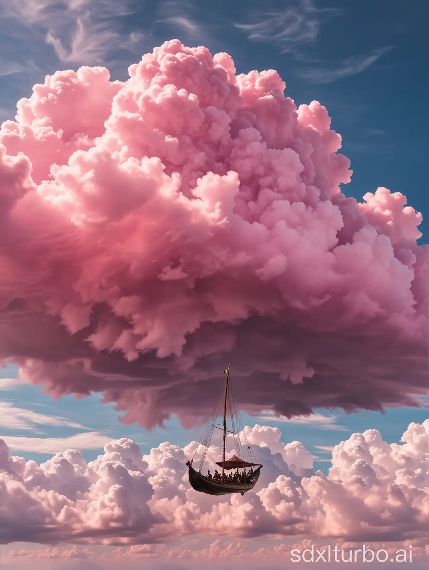 dense pink cloud in sky with a Shikara floating inside of clouds