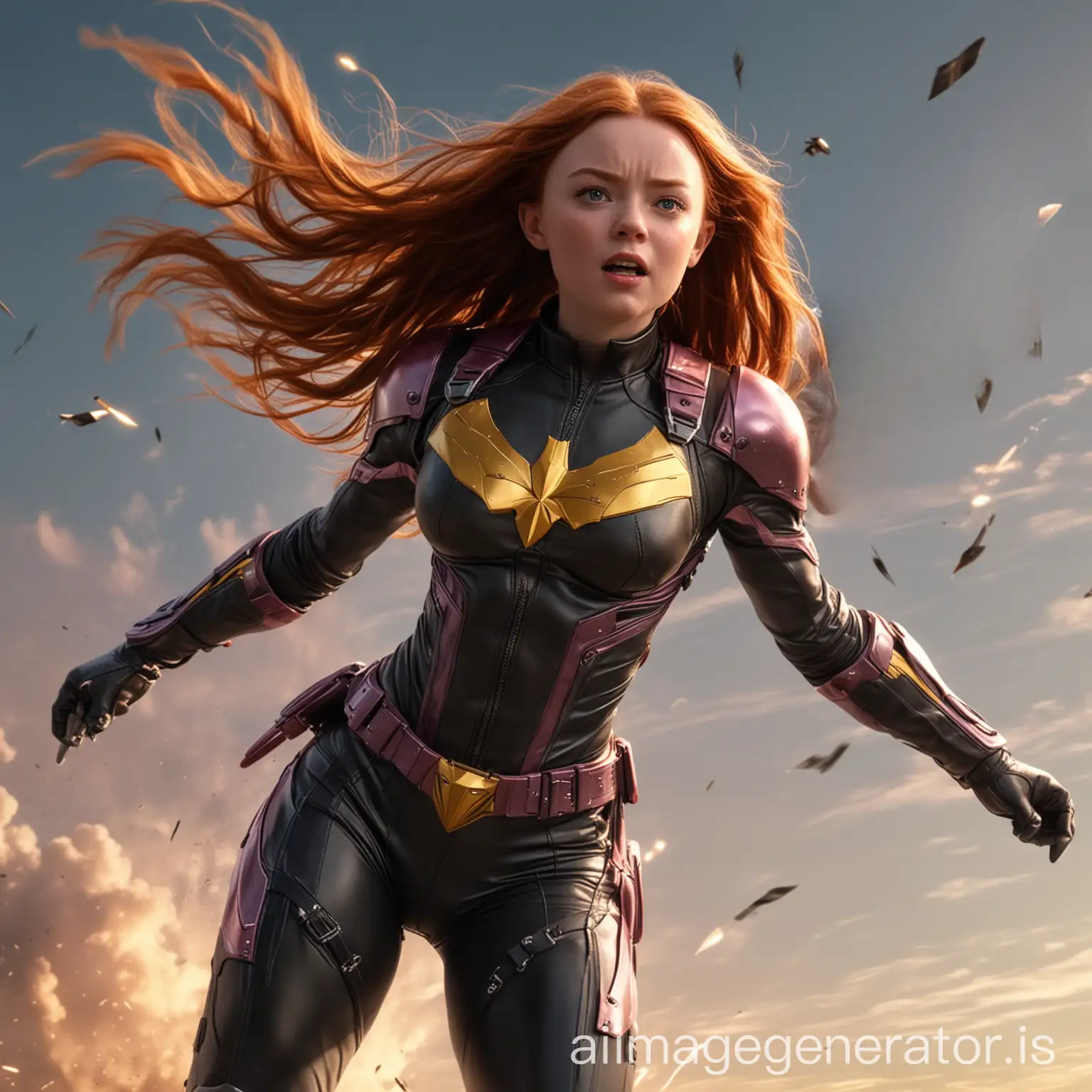 sadie sink as songbird from the thunderbolts in sexy but realistic costume, full body, flying through sky, firing energy bolt by screaming