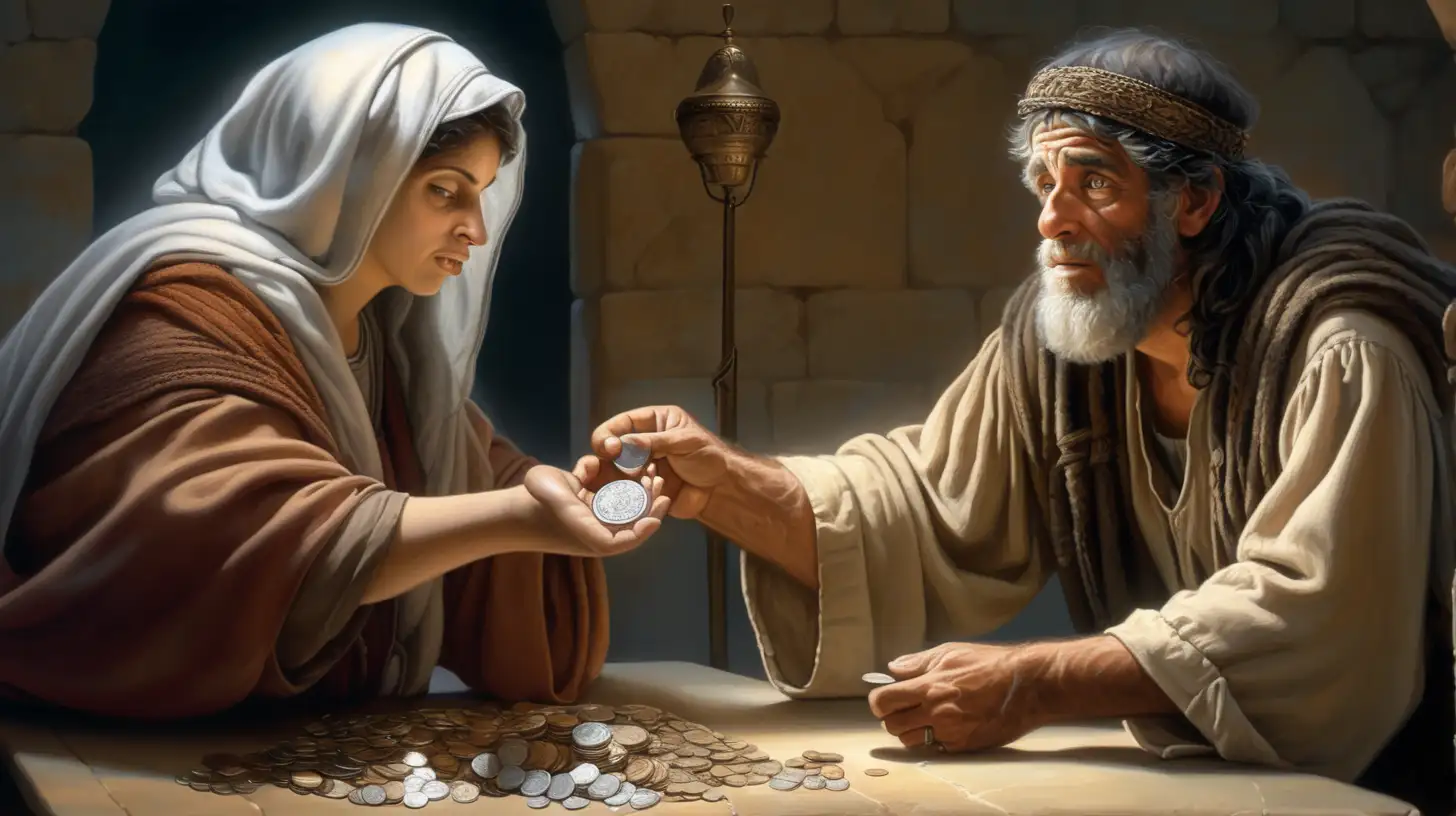 epoque biblique, un mandiante hébreu pose une pièce d'argent sur la table d'une grosse femme hébreu qui lui réclame de l'argent