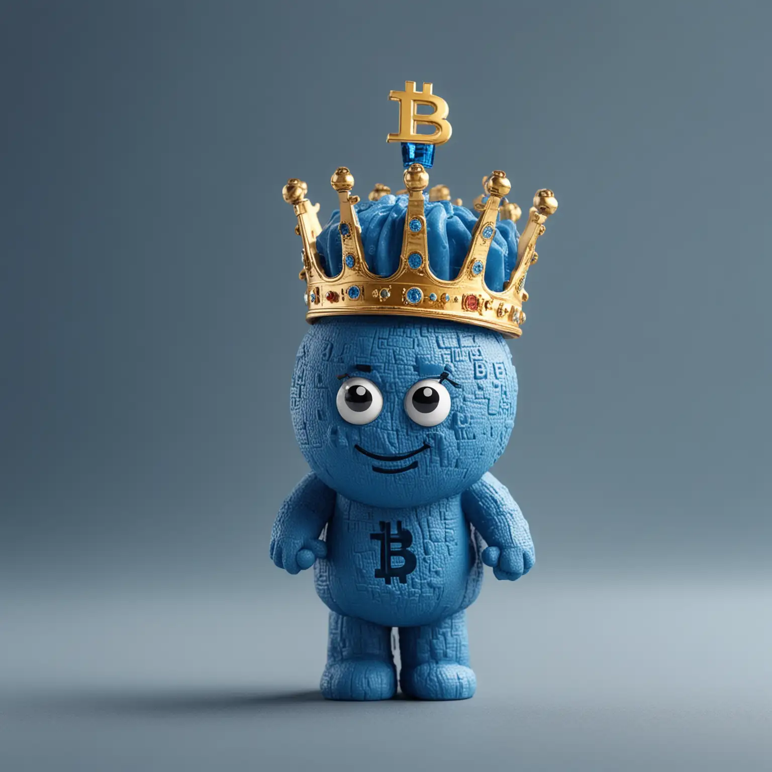 Regal Blue Bitcoin Figure with Crown on Head