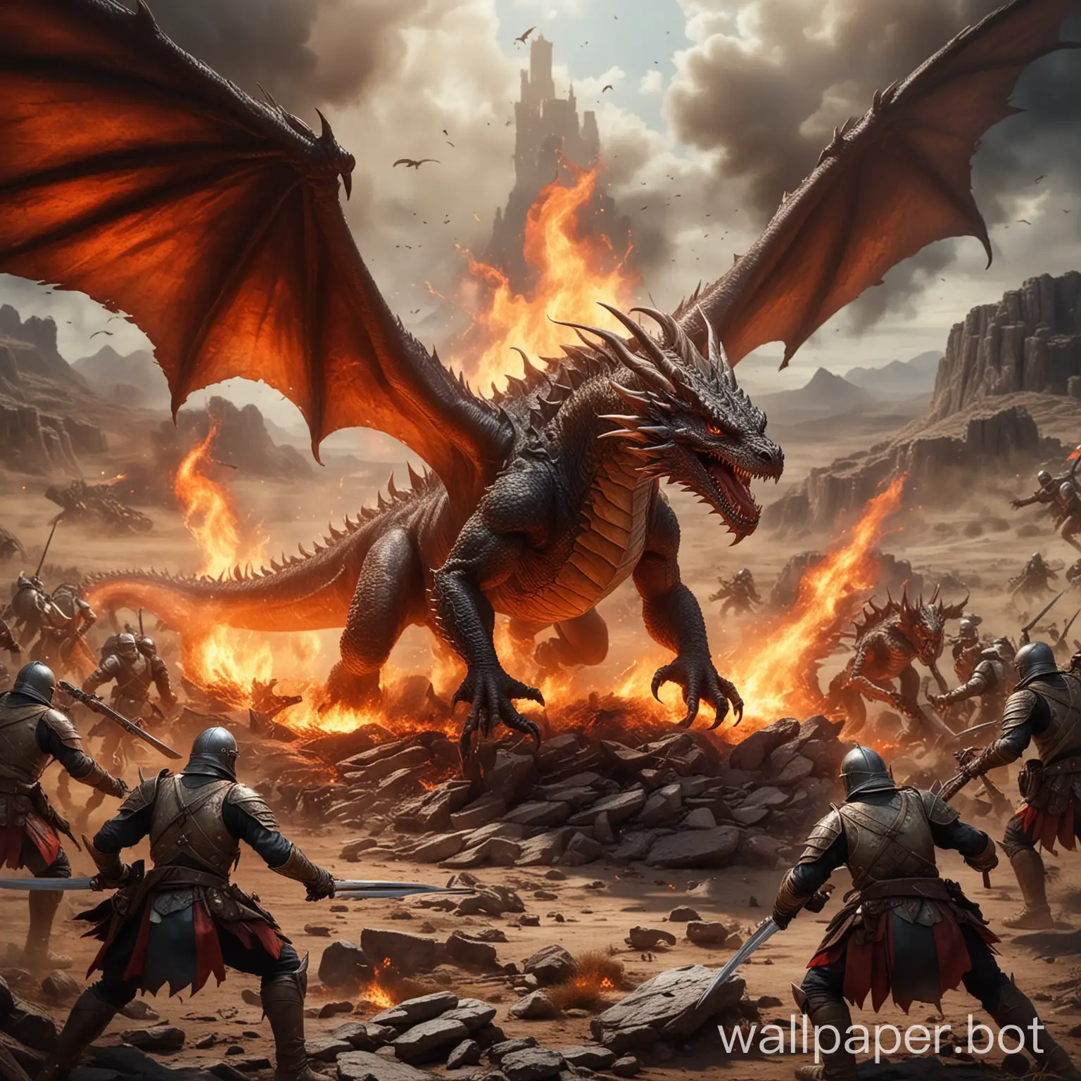 A battlefield with a western dragon fighting soldiers. The dragon is a fire dragon that is large in size with a stance showing off its strength standing on it back legs with wings out.