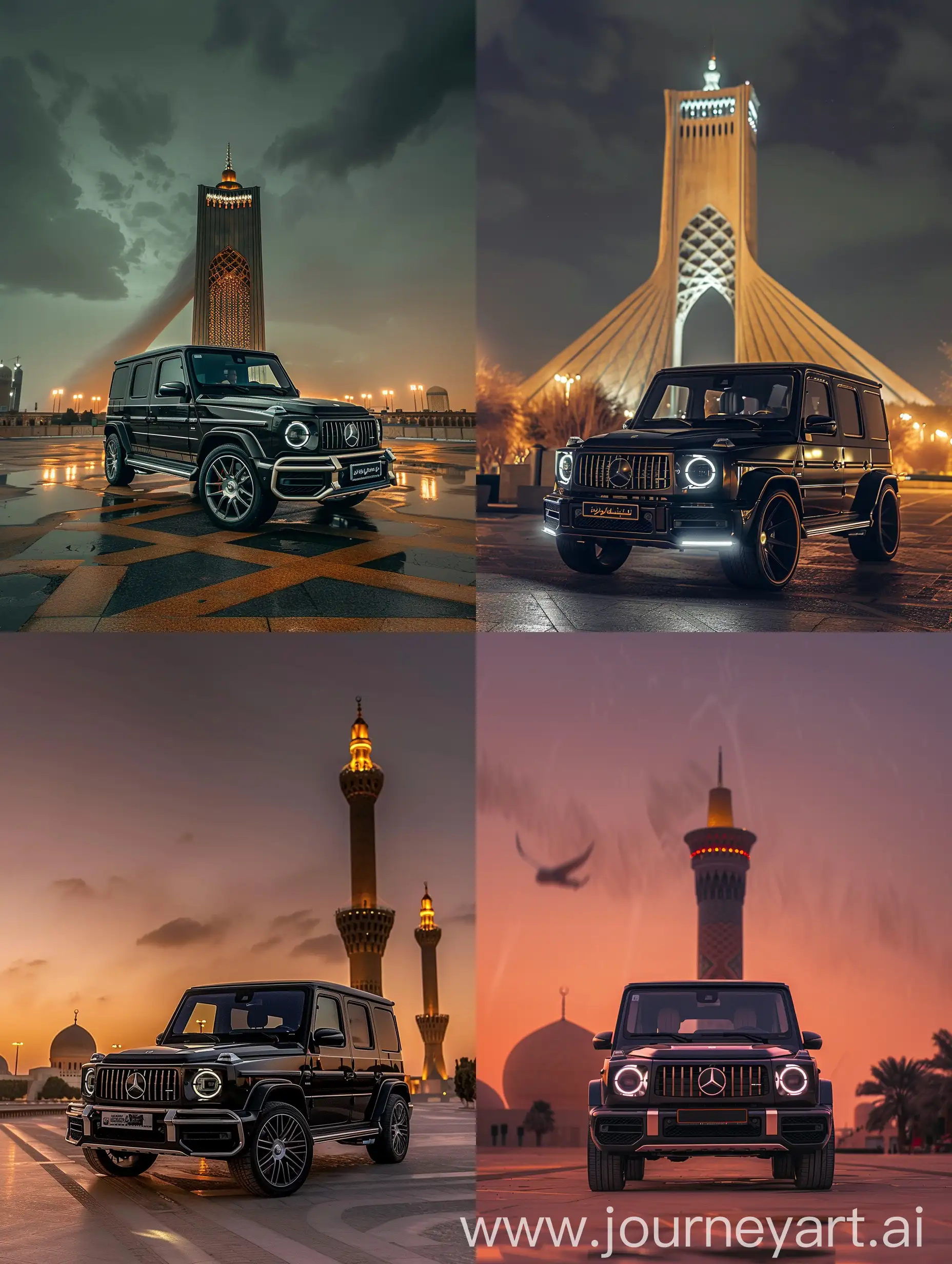 Benz g class  in the middle of Azadi Tower, Iran, windy weather and a beautiful nightset