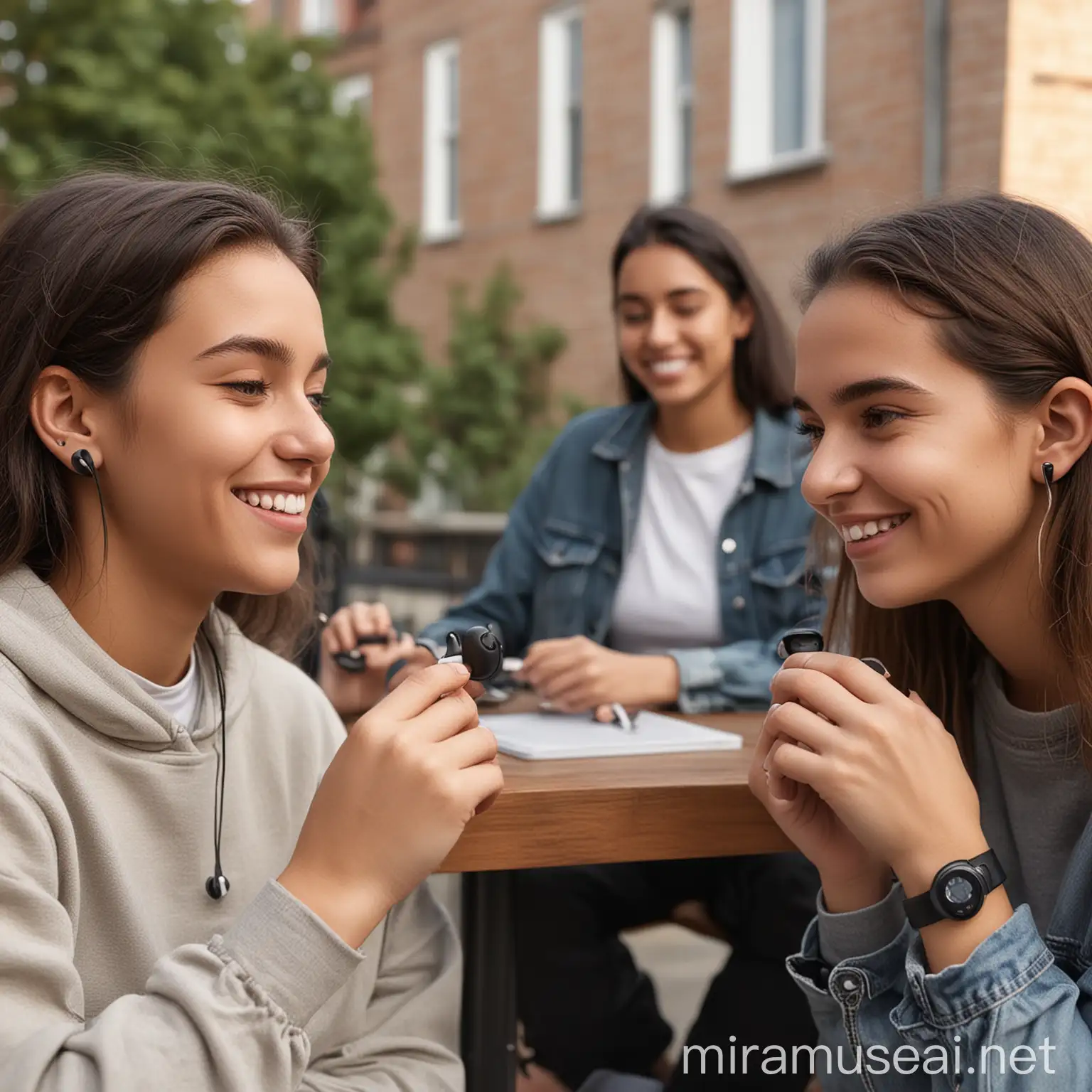 University Students Enjoying Music with Black AirPods on Patio