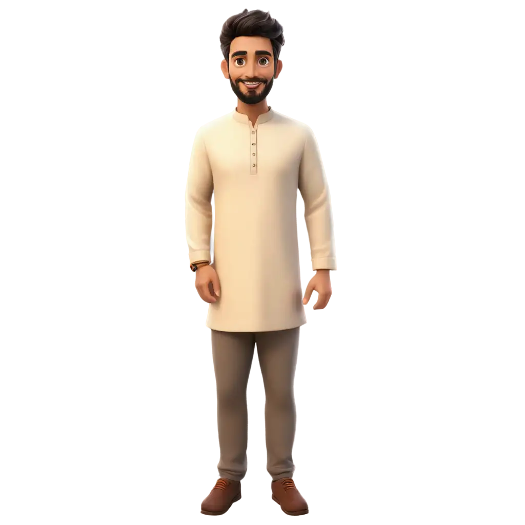 Cartoon man wore  panjabi and pajamas looking niche with small beard cute looking  midium hair in headware a watch in one hand
