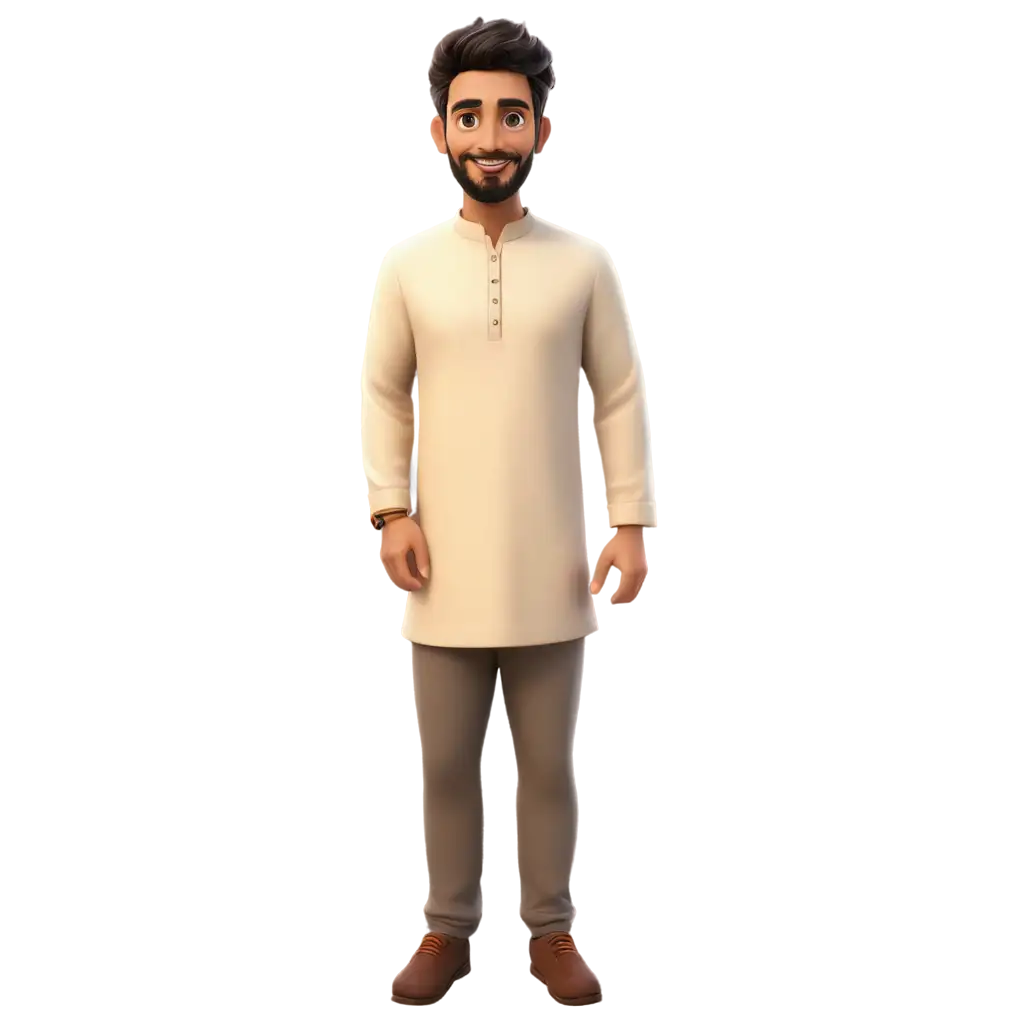 Distinctive-Cartoon-Man-in-Kurta-and-Pajamas-PNG-Image-Medium-Hair-Small-Beard-Headwear-and-Watch