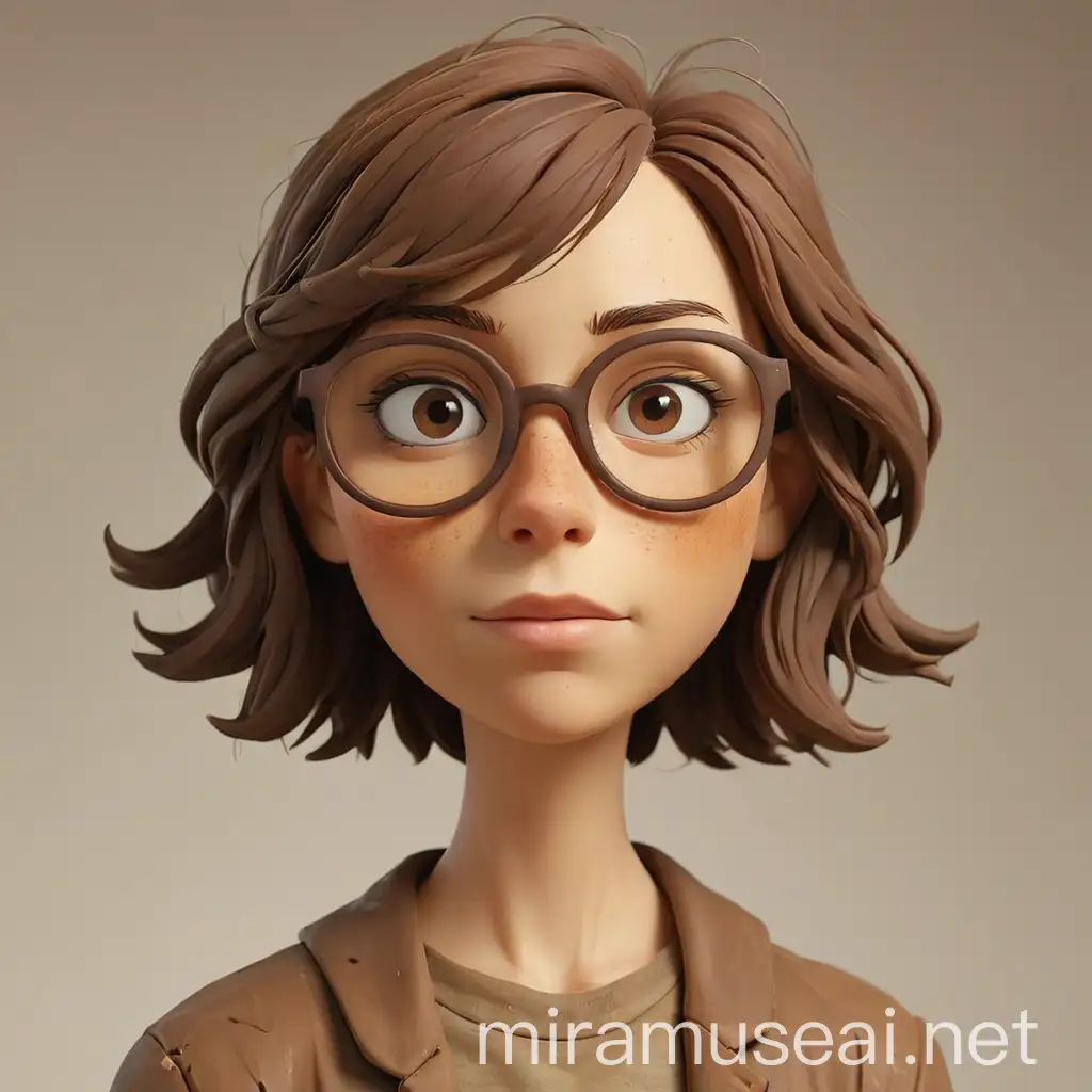 Clay Woman with Brown Hair and Glasses Portrait