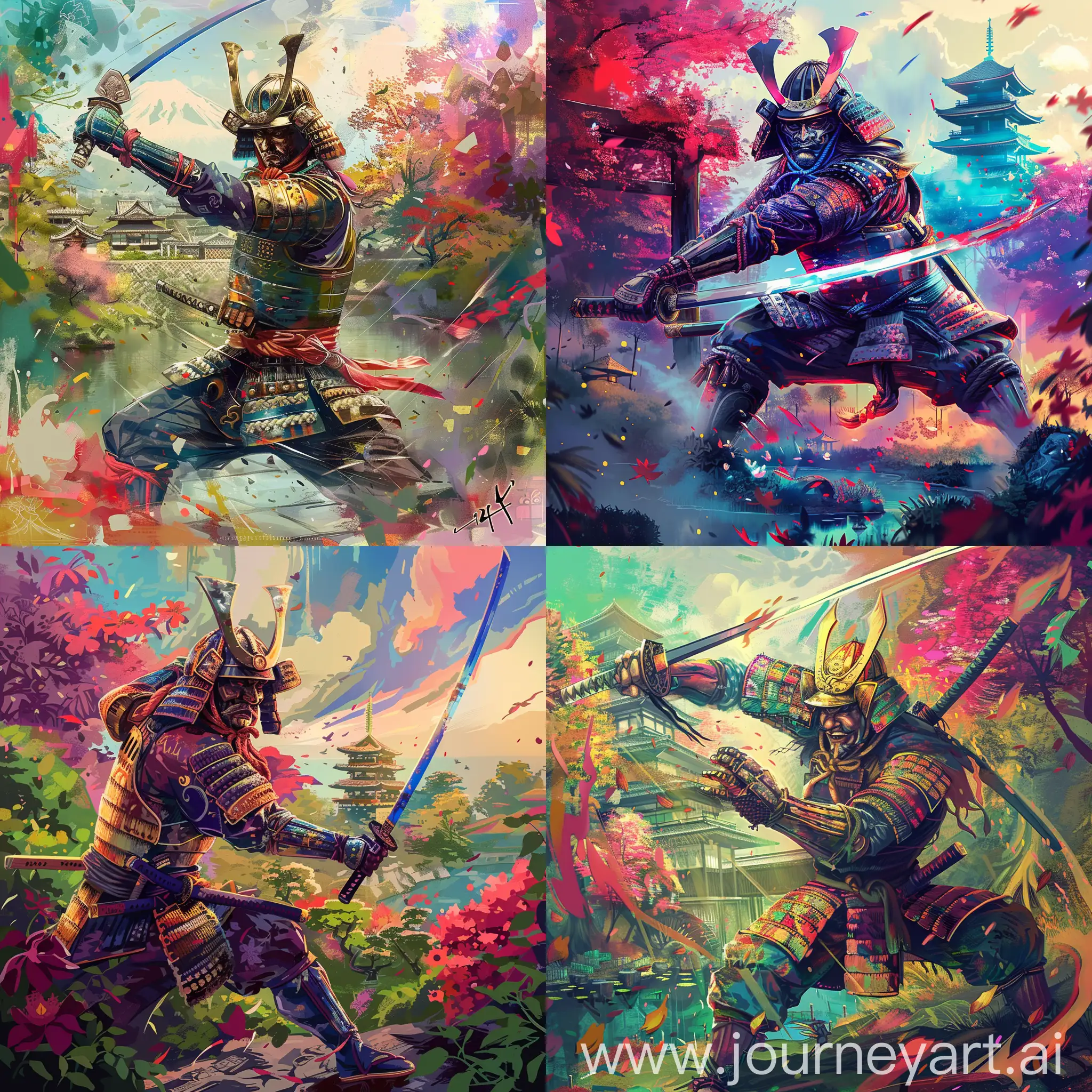 Illustration of prideful samurai, in samurai armor and helmet, slashing his sword, japanese garden background, colorful tones, surreal art, epic