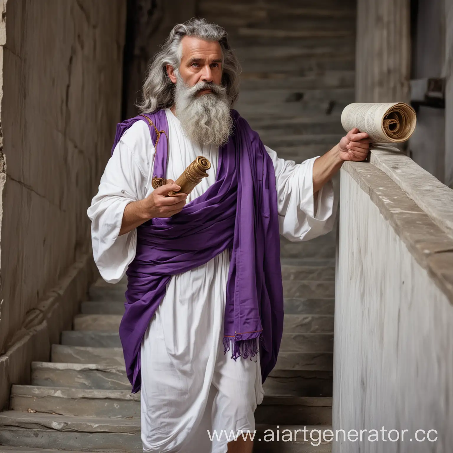 Greek philosopher descending stairs with scroll in hand, dressed in toga with purple trimming. Middle aged, long gray wavy hair, medium gray beard, hand raised calmly