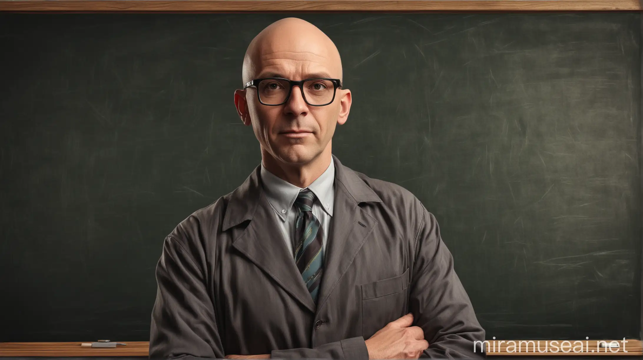 middle-aged bald university teacher, standing in front of a chalkboard, realistic comic book style