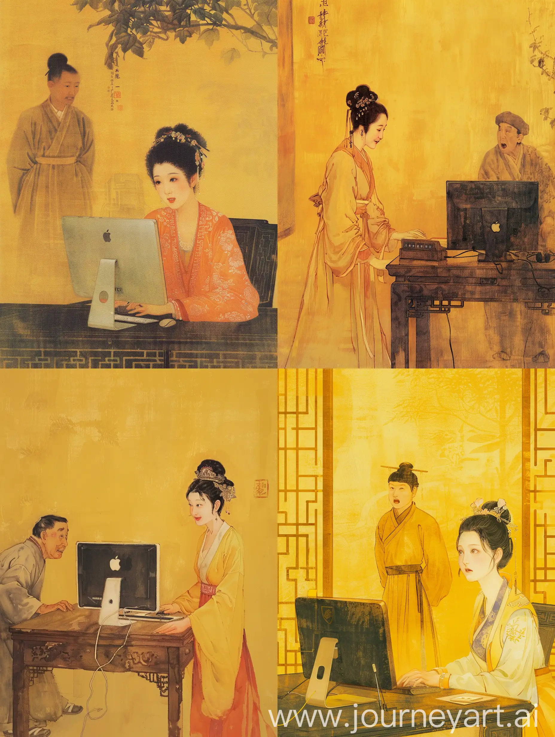 An ancient Chinese Song Dynasty painting depicting (An elegant woman uses an Apple computer at the desk, while the servant peeks in surprise from behind). yellow scene, Song Dynasty literary and artistic imagery, traditional gongbi painting, light amber and dim tones, historical and nostalgic atmosphere.