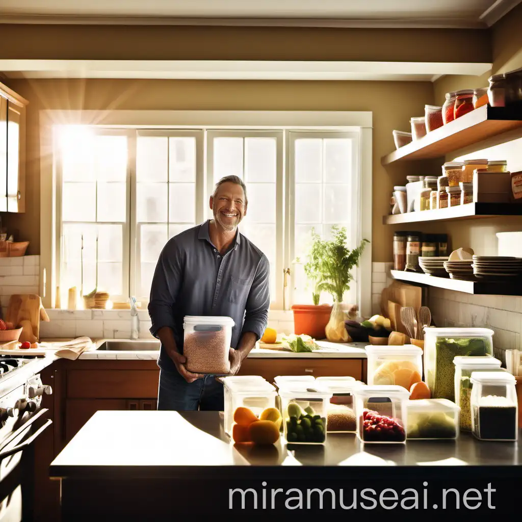"A busy dad stands in a well-organized kitchen, surrounded by neatly arranged containers filled with prepped ingredients. The sunlight streams through the window, casting a warm glow on the scene, as the dad smiles confidently, knowing that he has everything he needs to create healthy and delicious meals for his family throughout the week."