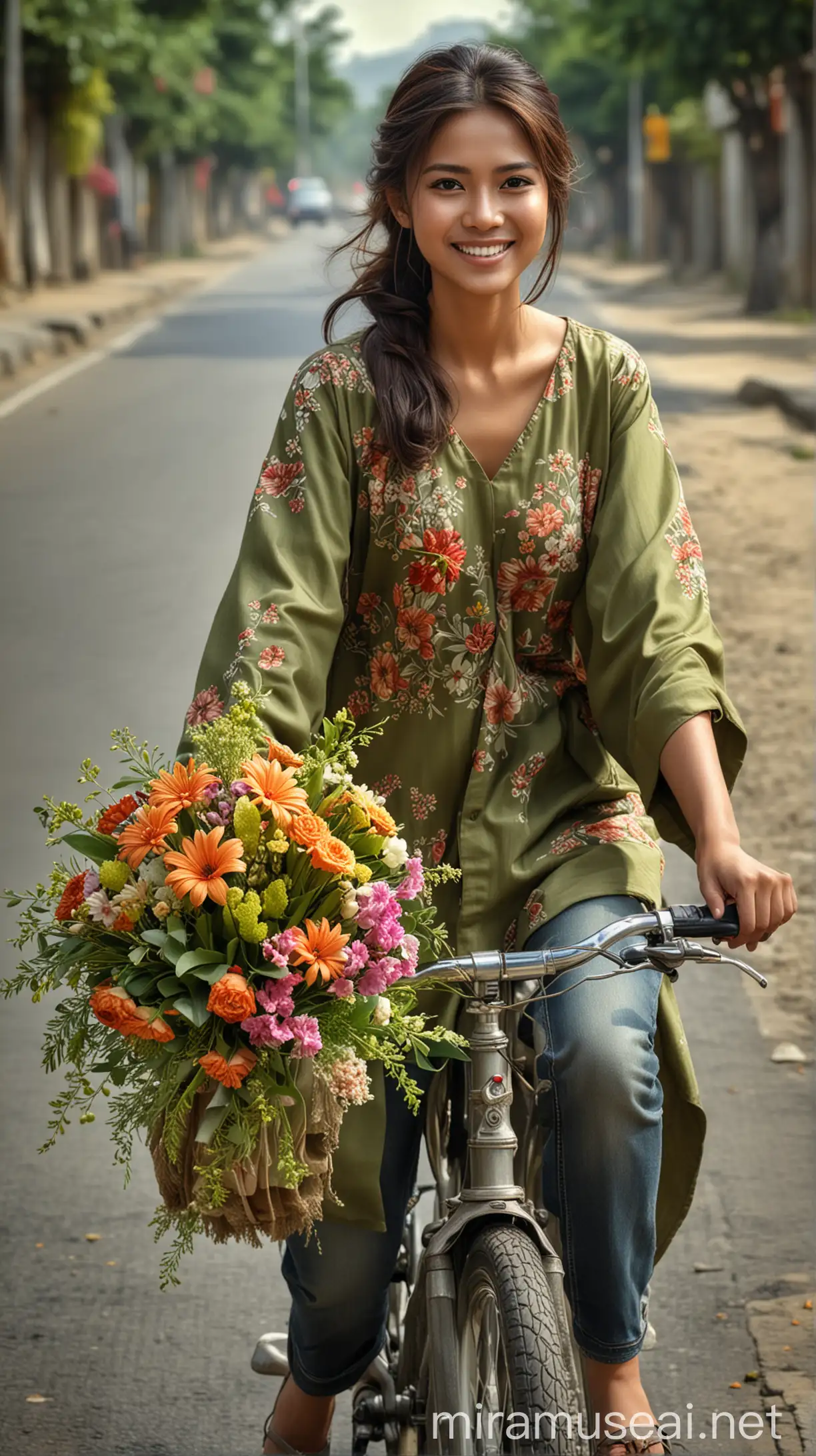 Wanita Indonesia nan cantik tersenyum manis  sedang menaiki sepeda dengan buket bunga didepannya, gaya rambut dikucir kuda, mengenakan kaos hijau tosca dan celana jeans panjang, ditengah jalan pedesaaan, realistis ultra HDR extreme original face 