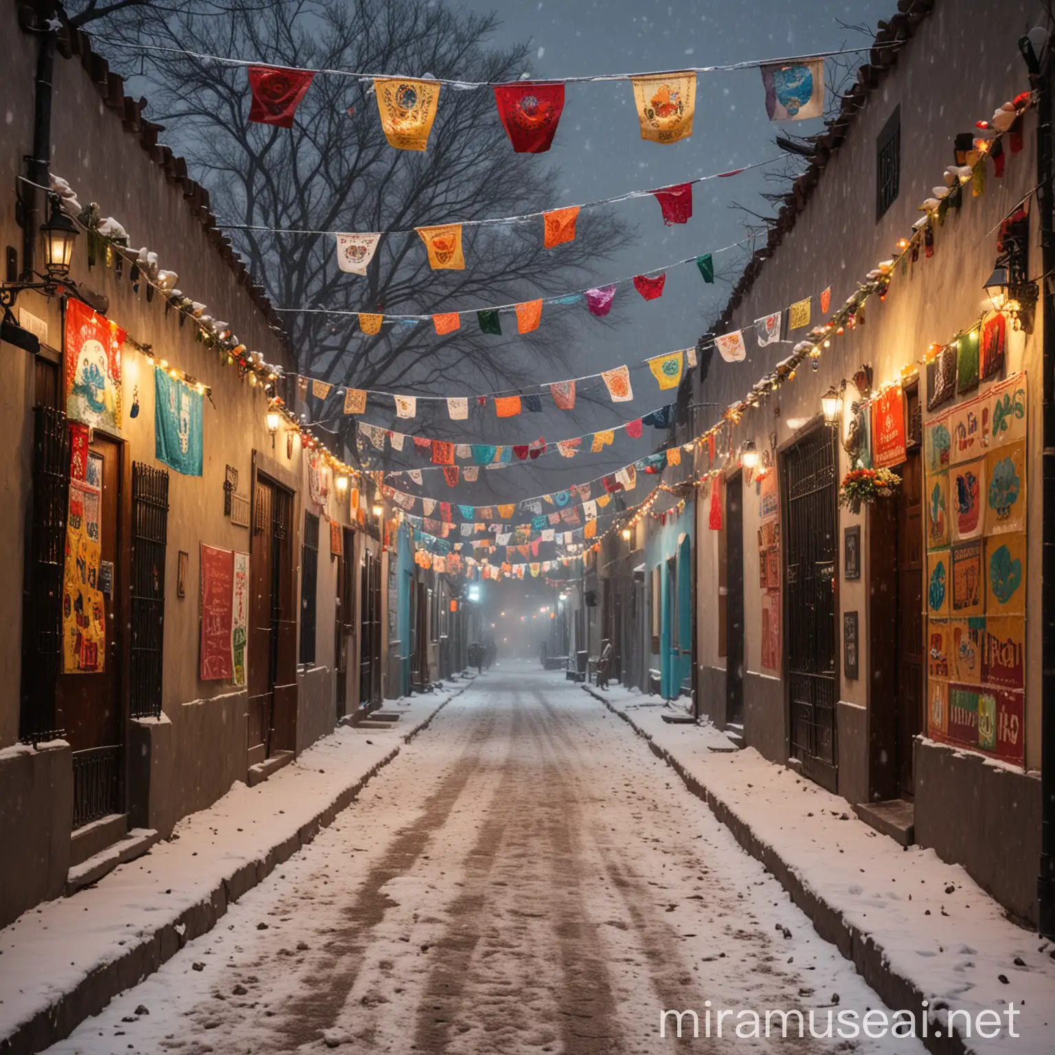 a traditional colonial Mexican street, with several taco sales all well lit with dia de los muertos flags during a snowfall