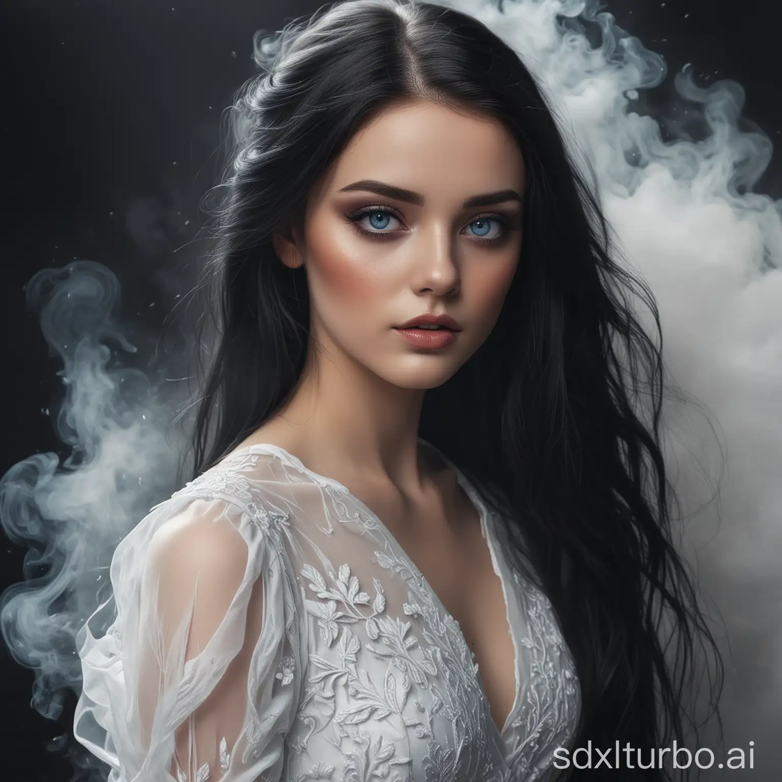 девушка с черными длинными волосами, голубыми глазами, в белом платье, с макияжем, в дыму, в реалистичном стиле