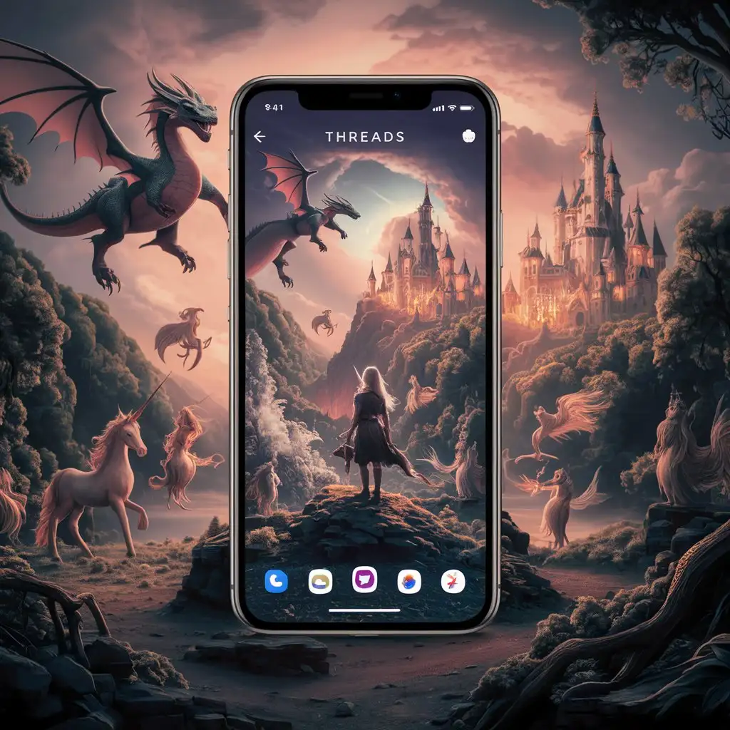 Imagine an image A beautiful real photo of the "Threads" app on your phone. The phone screen displays an image of discovering magical worlds, beautiful magical books from the Victorian era. On the phone is supposed to be only the inscription "Threads," and the phone is surrounded by beautiful magic and fantasy fantasy of the figure of only one beautiful dragon, beautiful only one magical elf and various beautiful magical creatures from myths, legends, fairy tales. In the background a magical beautiful castle. The magic of fantasy.