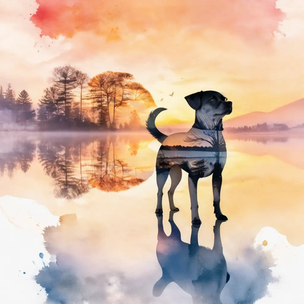 Double Exposure Dog and Sunrise Watercolor Painting