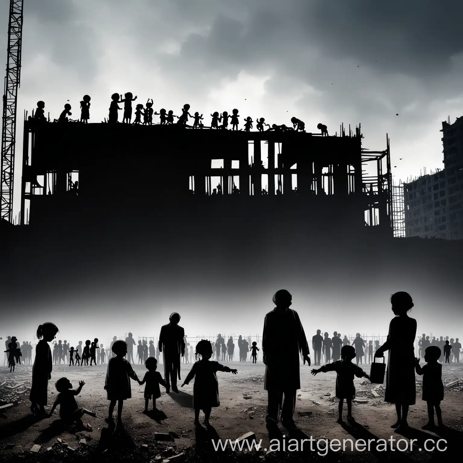 Silhouettes-of-People-at-Abandoned-Construction-Site-with-Crying-Children-and-Bureaucrats