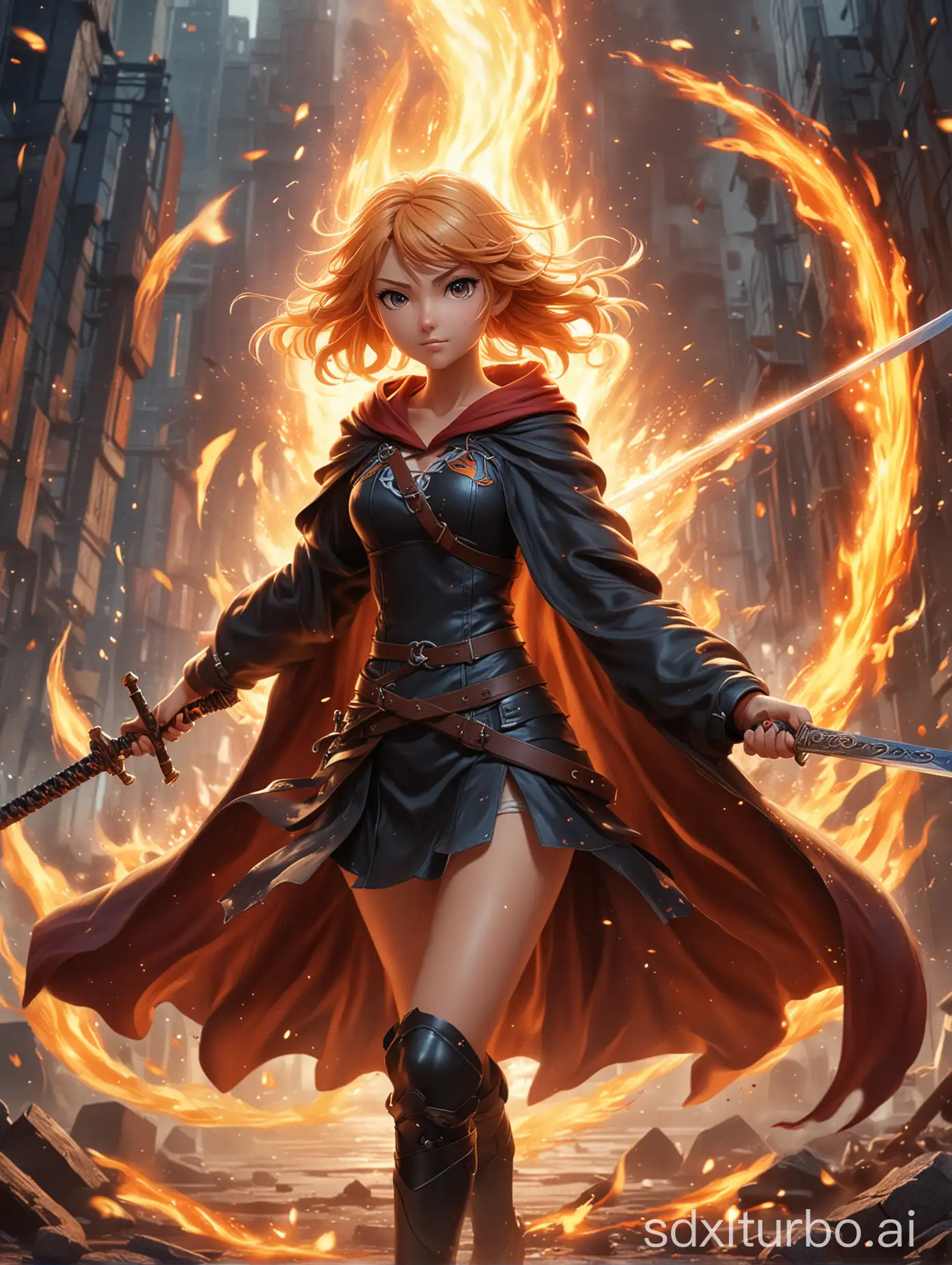 Create a battle action game-style poster featuring a dynamic full-body rendering of an anime cute girl wielding a sword. Her hair and cloak flow dramatically as she bounces through the air with flames blazing in the background.