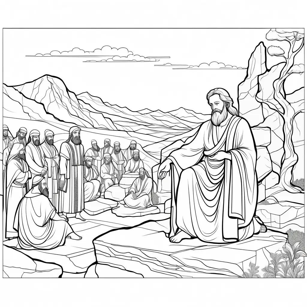 Old testament story of prophet Elijah & the prophets of Baal. Elijah sat on a stone, away from a rectangular altar made of stone, ten inches high, and the prophets of Baal kneeling around the ten inches stone altar at Mount Carmel, white and black, simplistic, white background, Ample white space, colouring image., Coloring Page, black and white, line art, white background, Simplicity, Ample White Space. The background of the coloring page is plain white to make it easy for young children to color within the lines. The outlines of all the subjects are easy to distinguish, making it simple for kids to color without too much difficulty
