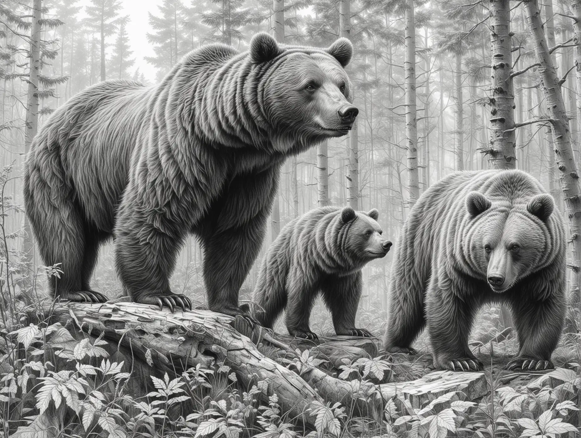 Realistic-Bears-in-Forest-Detailed-Pencil-Sketch-on-White-Background