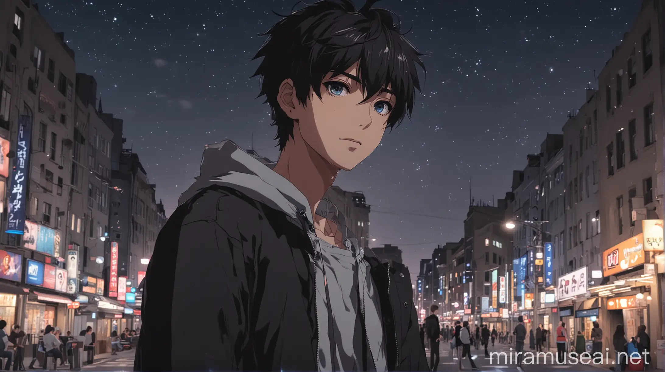 anime boy in beautiful night
 city 