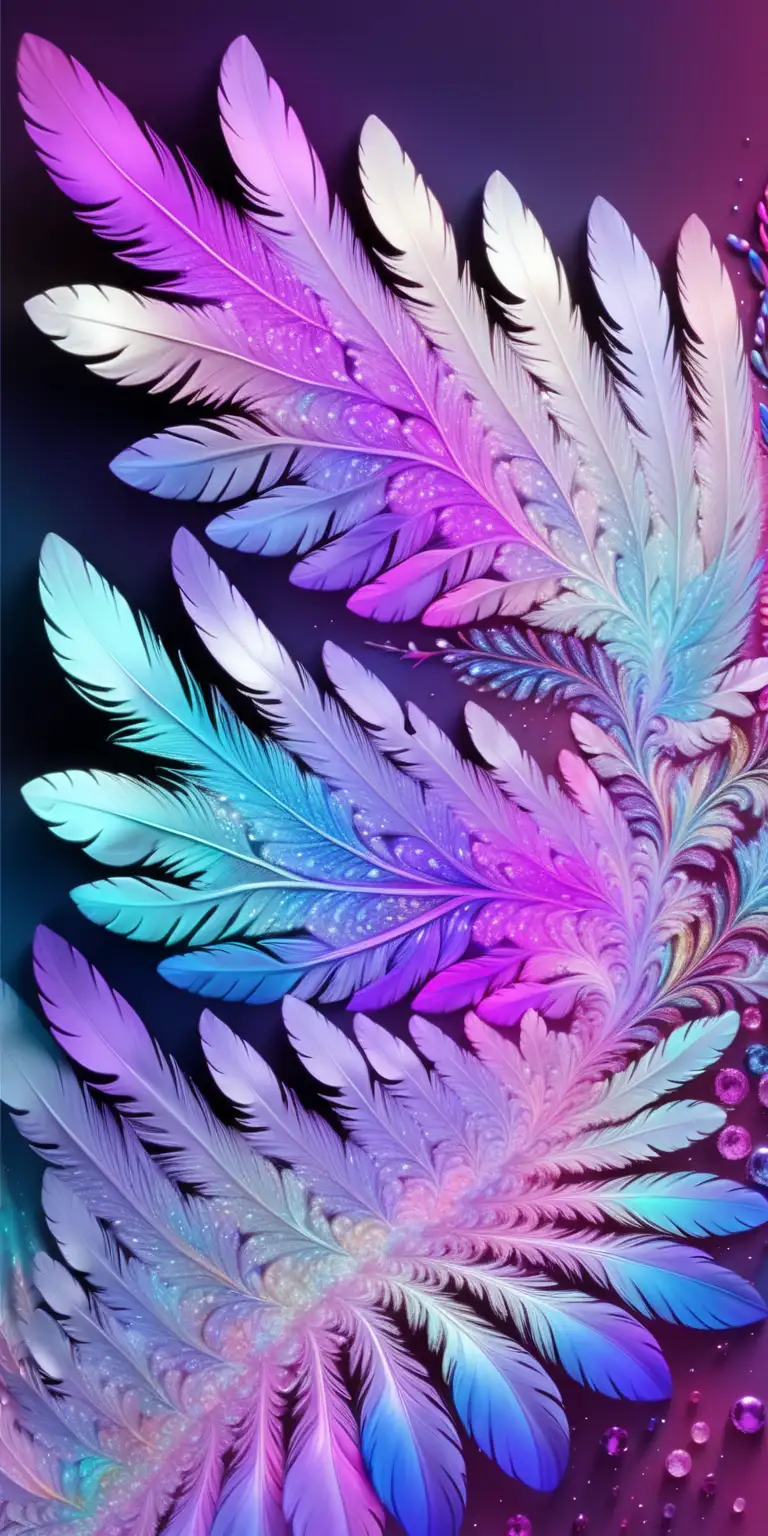 abstract wallpaper. pink, purple, baby blue, white. neon. iridescent wings and feathers. iridescent sprinkled diamonds. fractal. no humans. surreal. splash art. pour paint. multi-depths.
