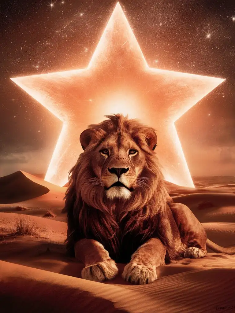 A large, bright star hovering above the lion, casting a warm, golden light.