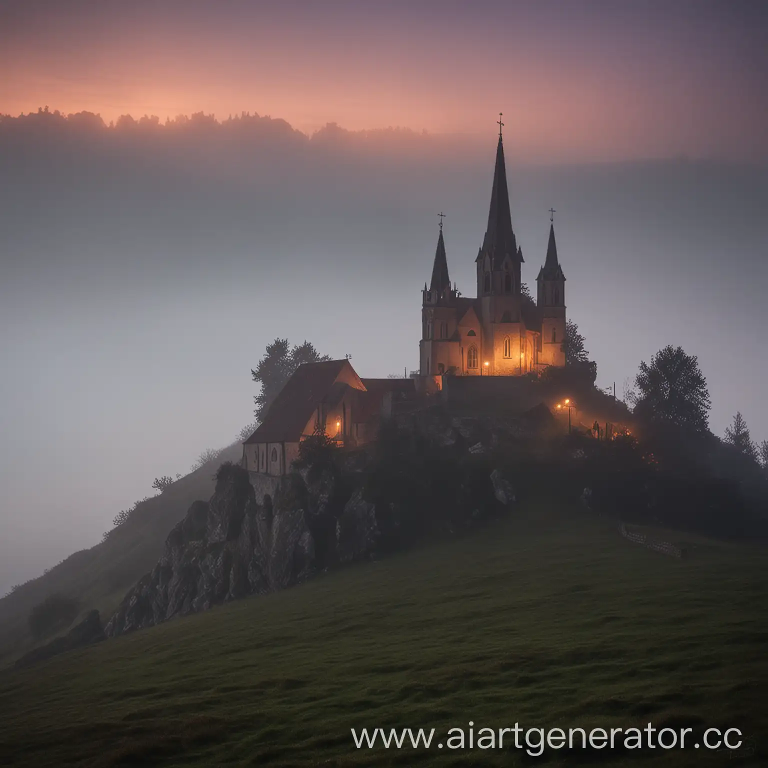 Medieval-Church-Standing-on-Hill-in-Twilight-Fog