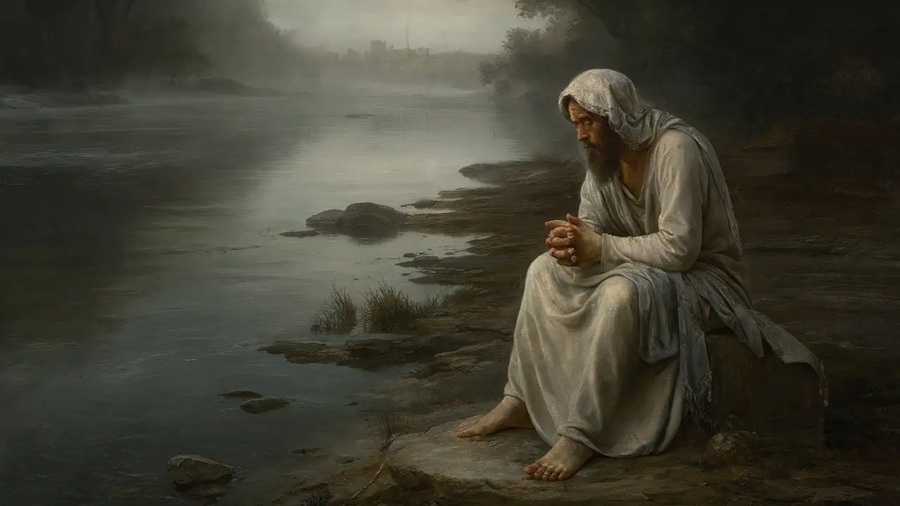 An atmospheric image of Prophet Jeremiah seated on a weathered stone by the banks of a mist-covered river, the murky waters reflecting the tumultuous events of ancient biblical history, while distant echoes of his prophetic voice resonate through the fog.
