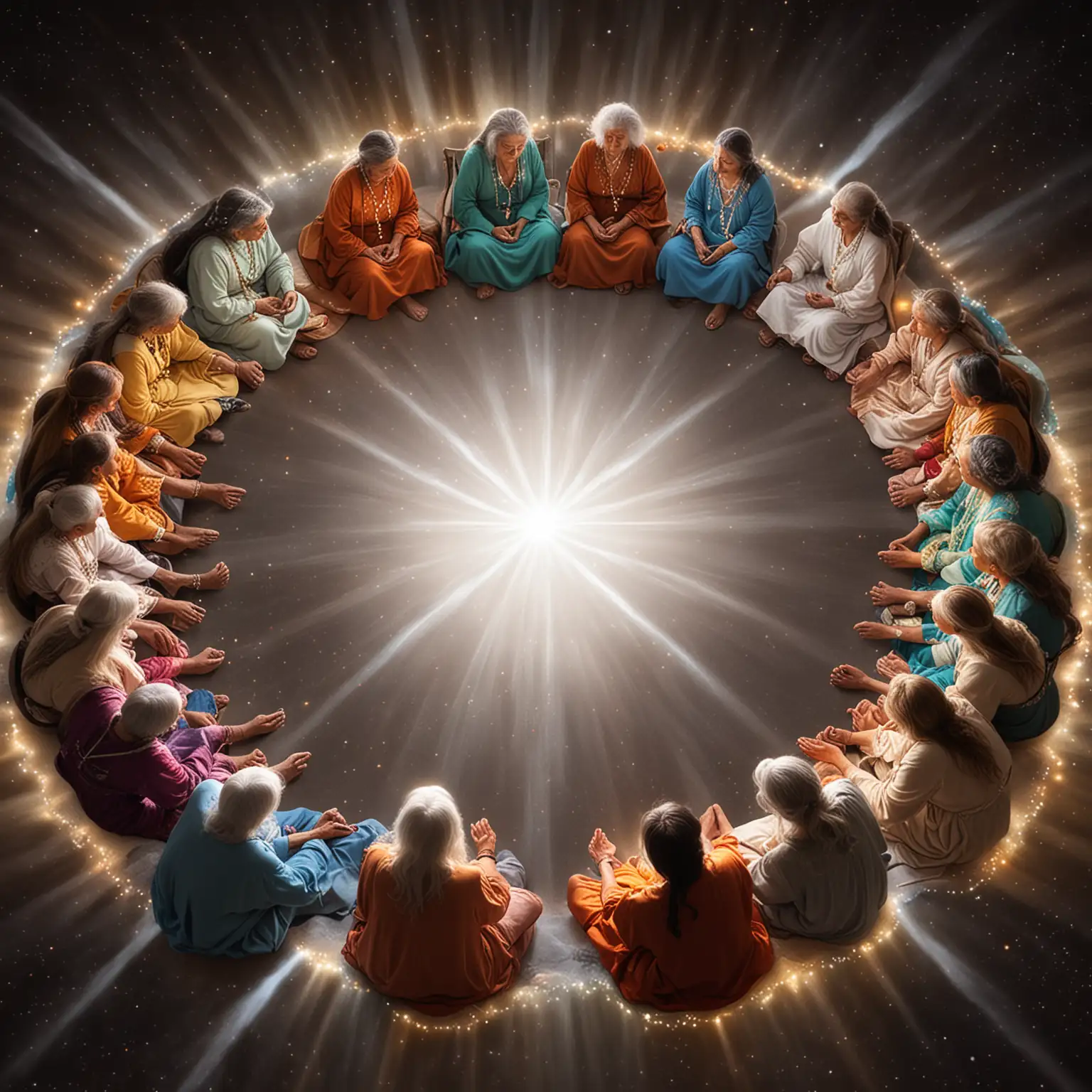 a council of angelic and medicine woman of various colors, all grandmothers sitting in a circle with a bright white ring of celestial lights surrounding them, a white star in the center of them