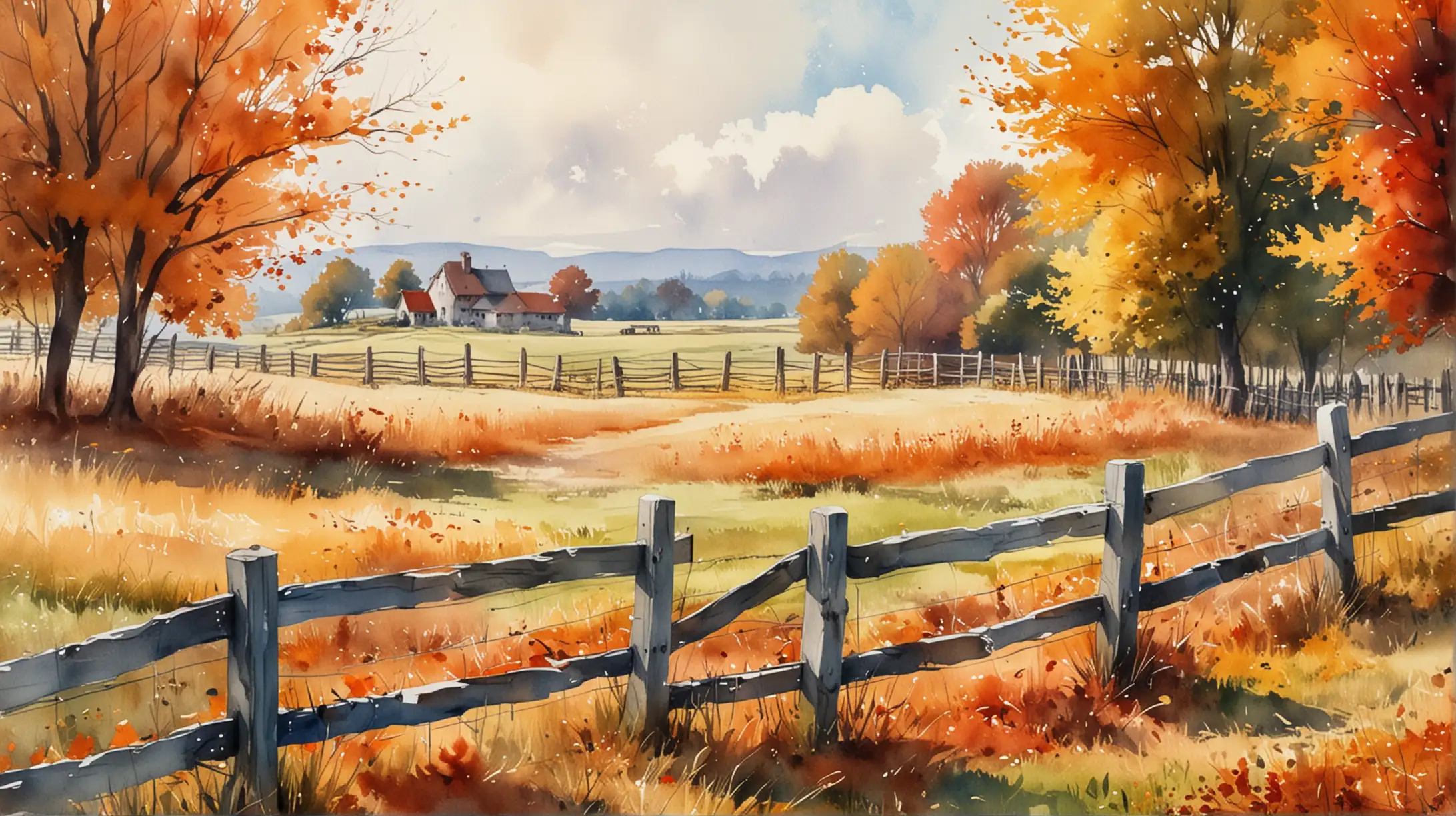 Tranquil Watercolor Painting of Autumnal Field Fence