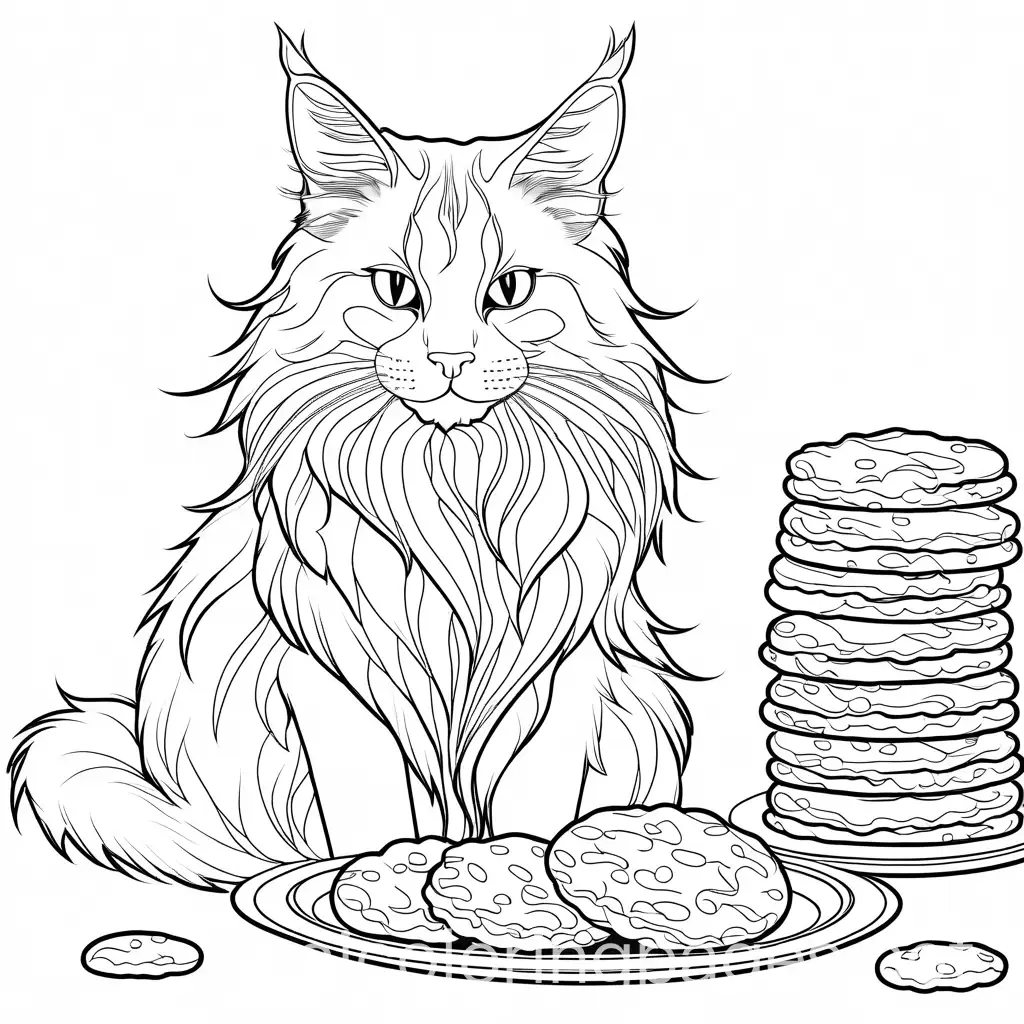 maine coon eating some cookies, Coloring Page, black and white, line art, white background, Simplicity, Ample White Space. The background of the coloring page is plain white to make it easy for young children to color within the lines. The outlines of all the subjects are easy to distinguish, making it simple for kids to color without too much difficulty
