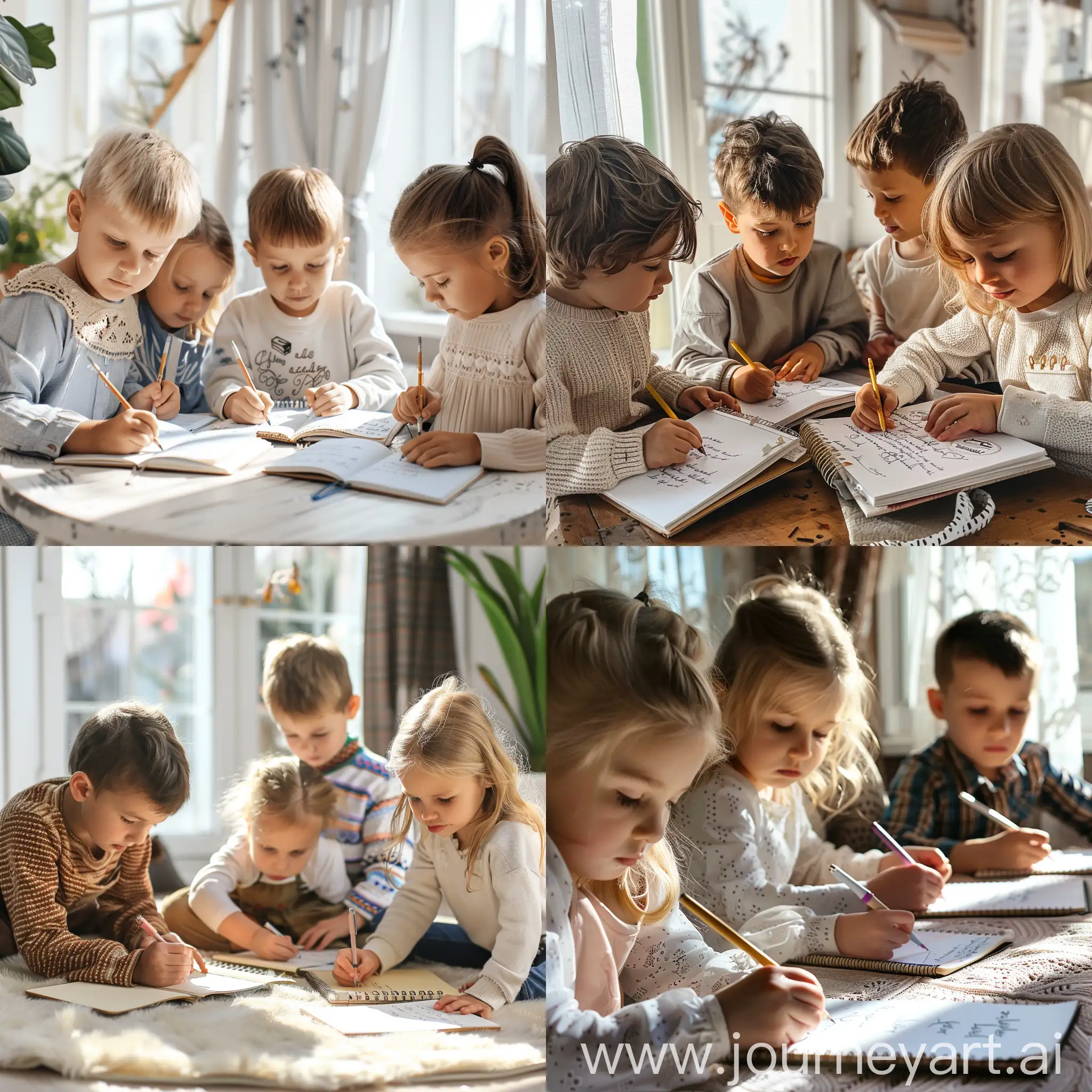 Four-Children-Writing-Letters-in-Bright-and-Cozy-Room